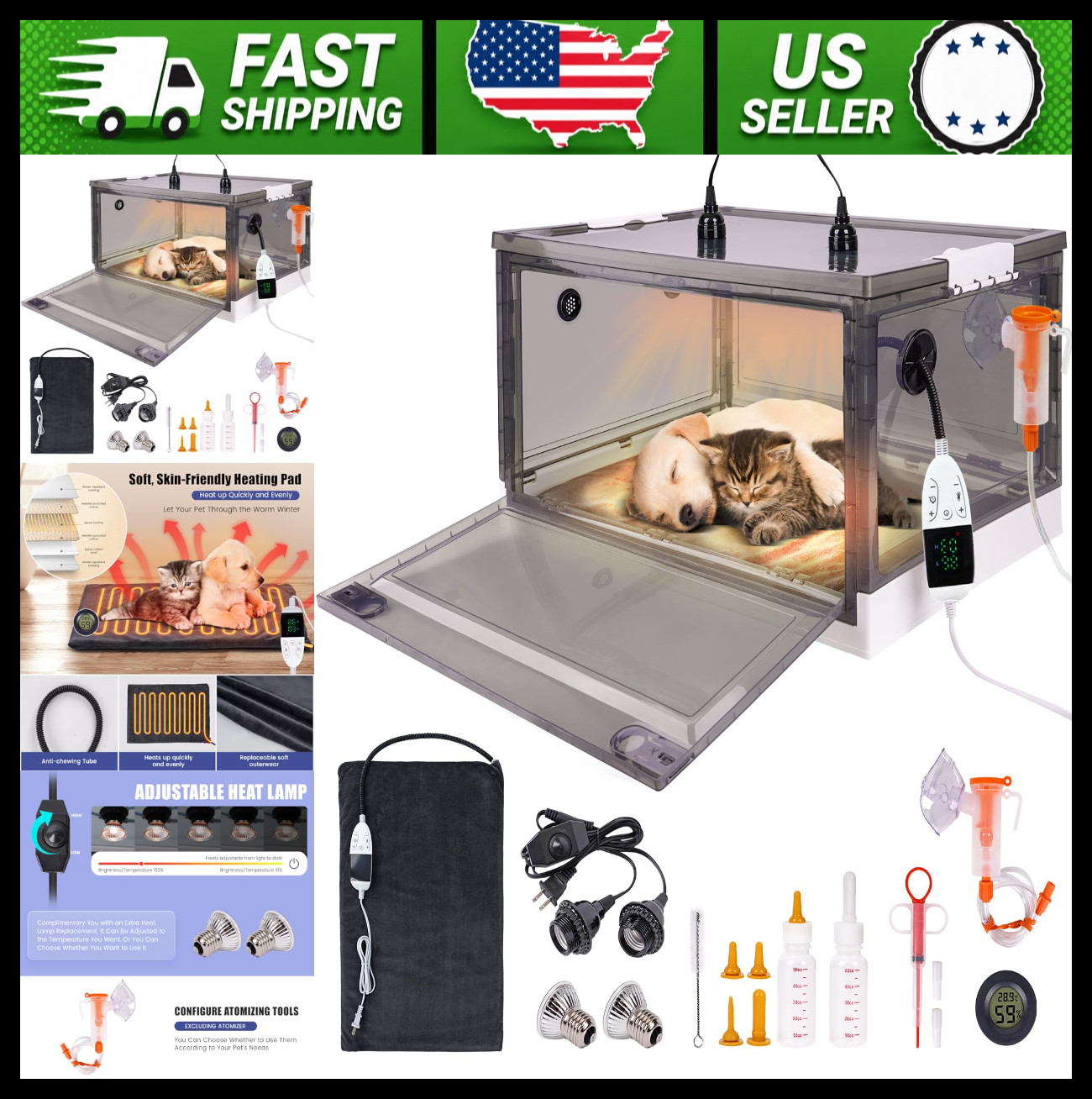 Puppy Kitten Incubator with Heating, Oxygenator, Bed Mat, Temp Humidity Monitor