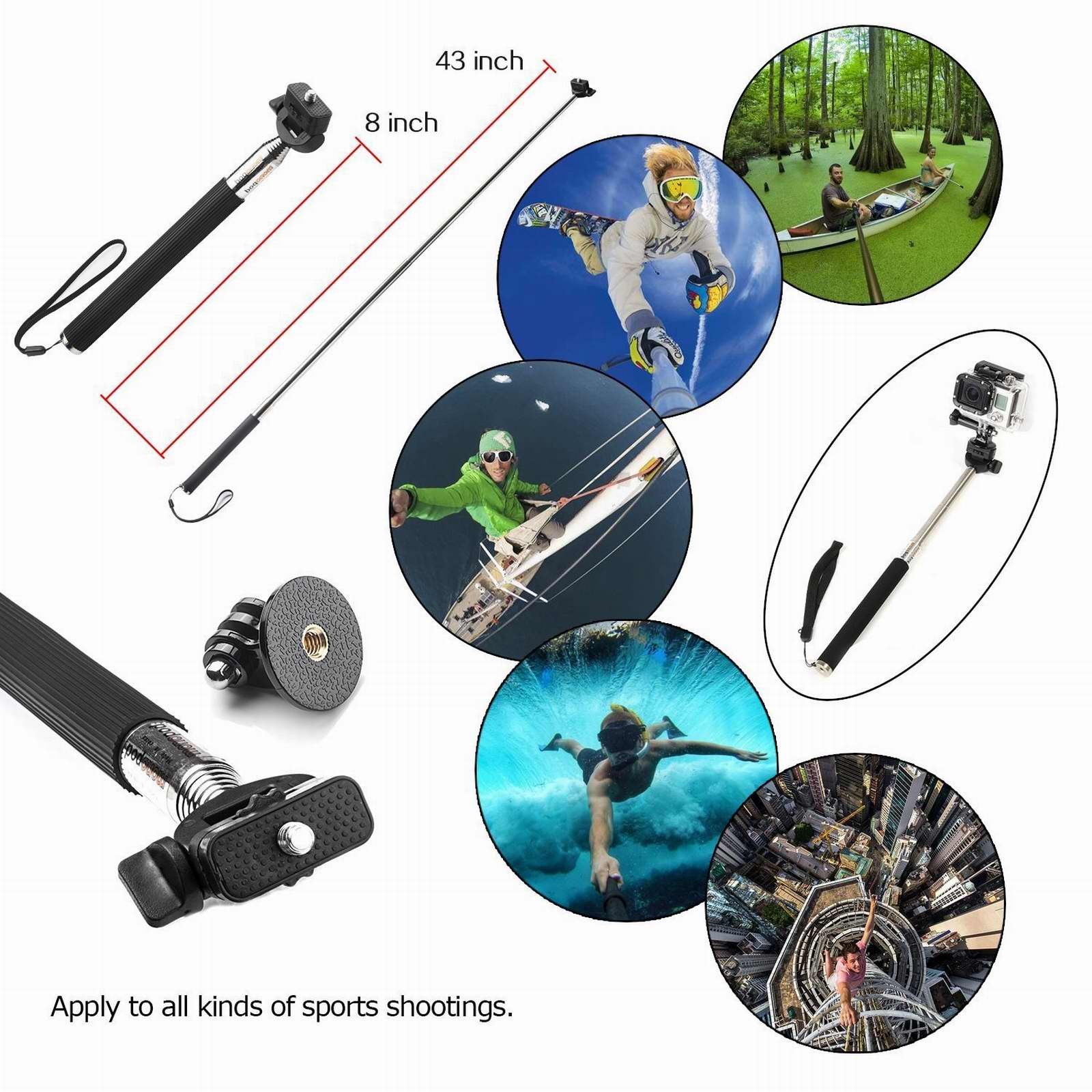 3 in 1 Action Camera Accessories Kit-Head Strap Mount Chest Harness Selfie stick