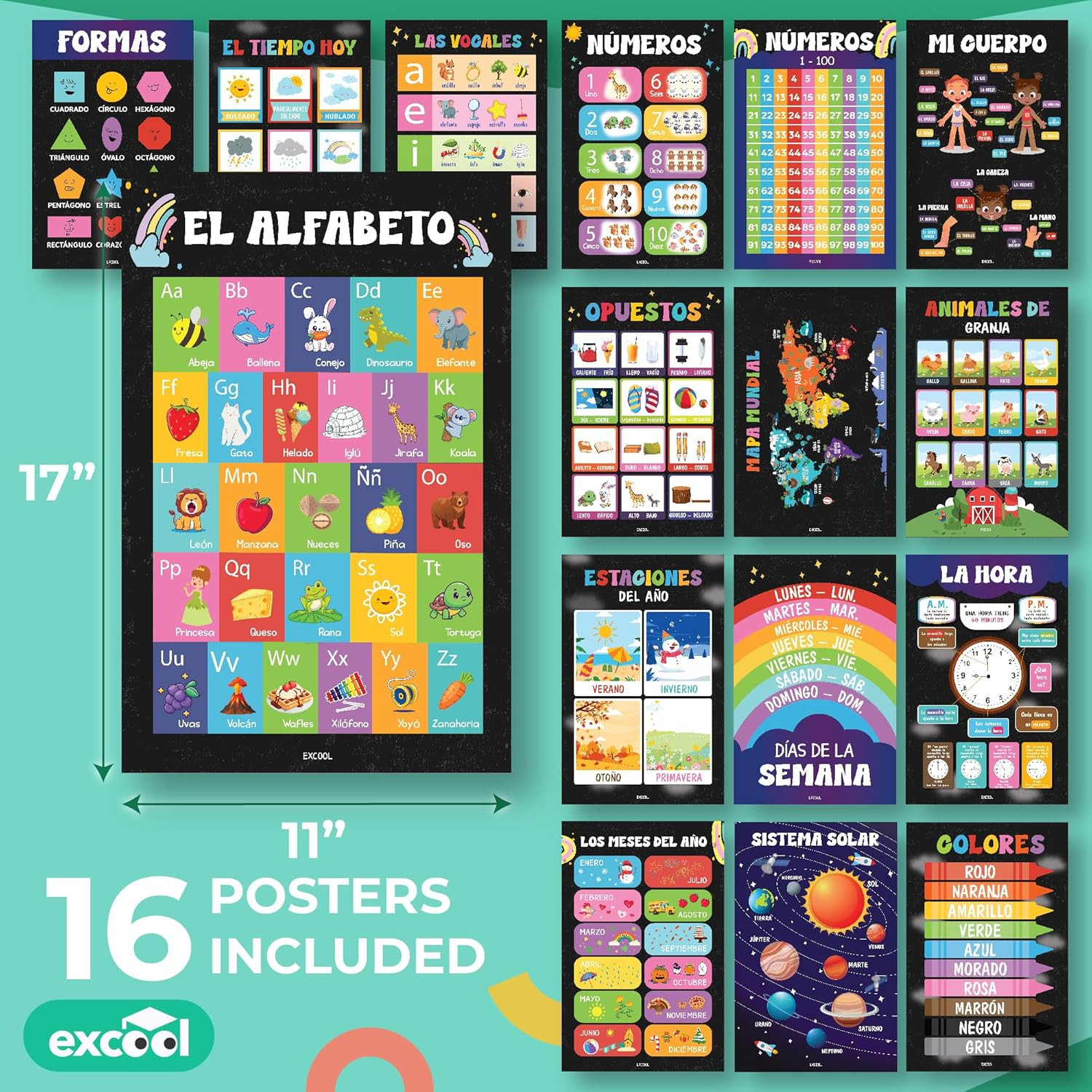 16 Spanish Classroom Posters for Elementary - Chalkboard Bilingual Educational P