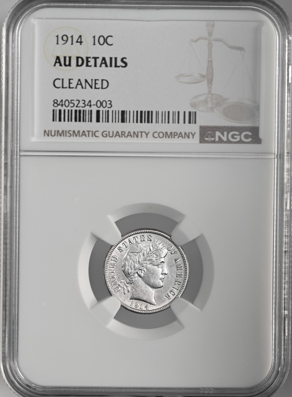 1914  10C BARBER SILVER DIME PHILADELPHIA NGC AU DETAILS "CLEANED" 8405234-003