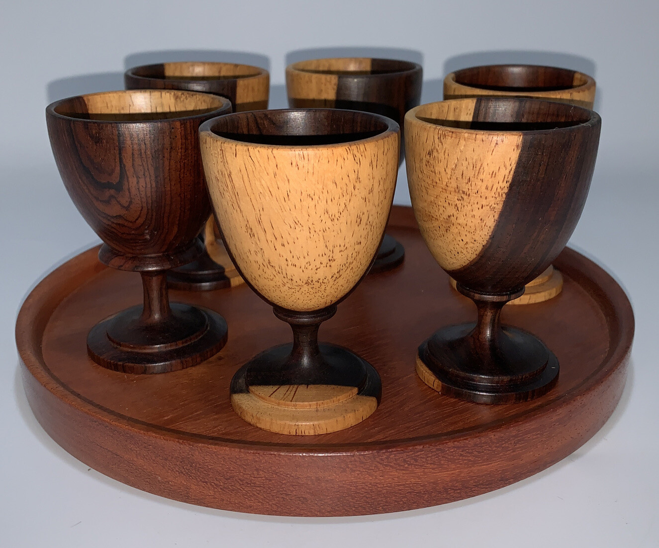 Vintage 6 Wooden Liquor Schnapps Shot Glasses on Wooden Tray