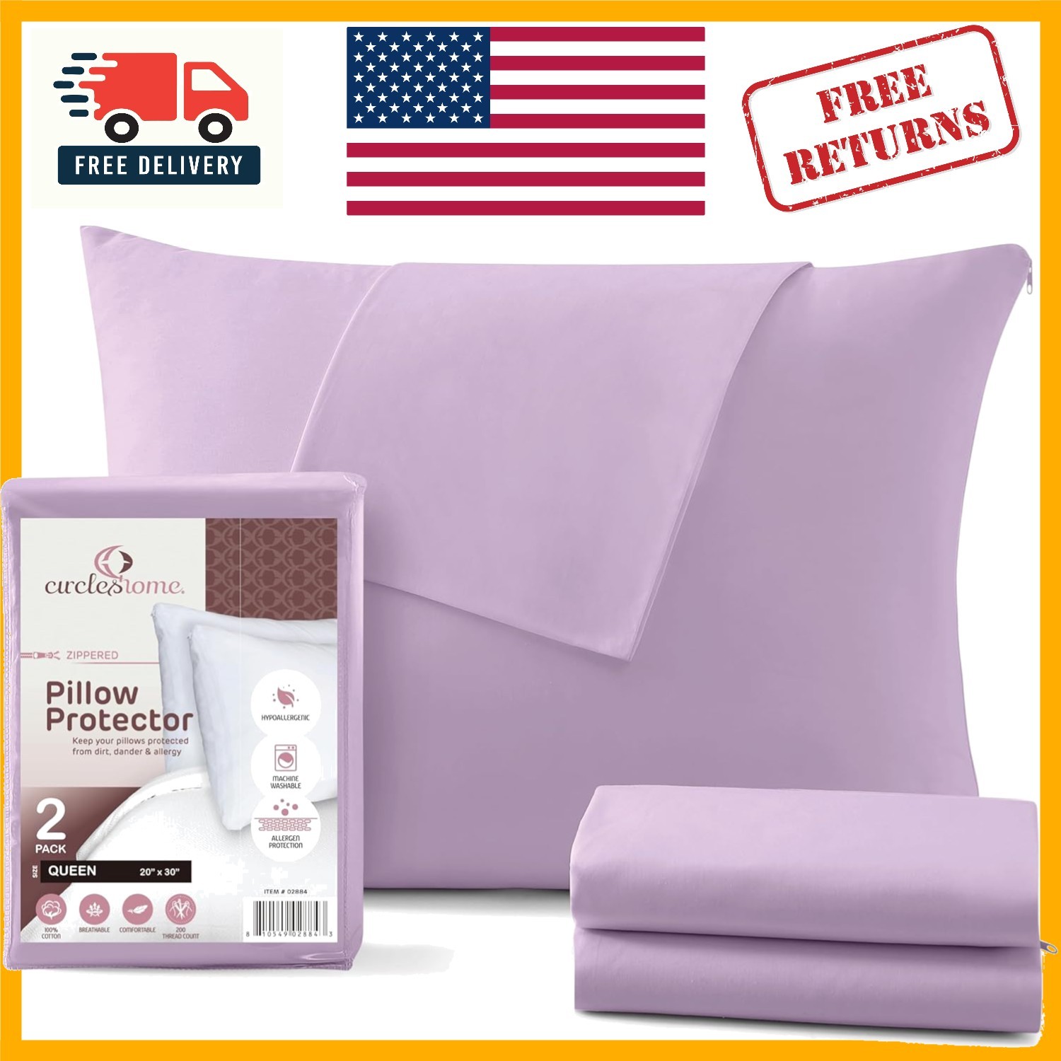 Queen Size Pillow Protectors 2 Pack - 100% Cotton, Hypoallergenic, Soft Lavender