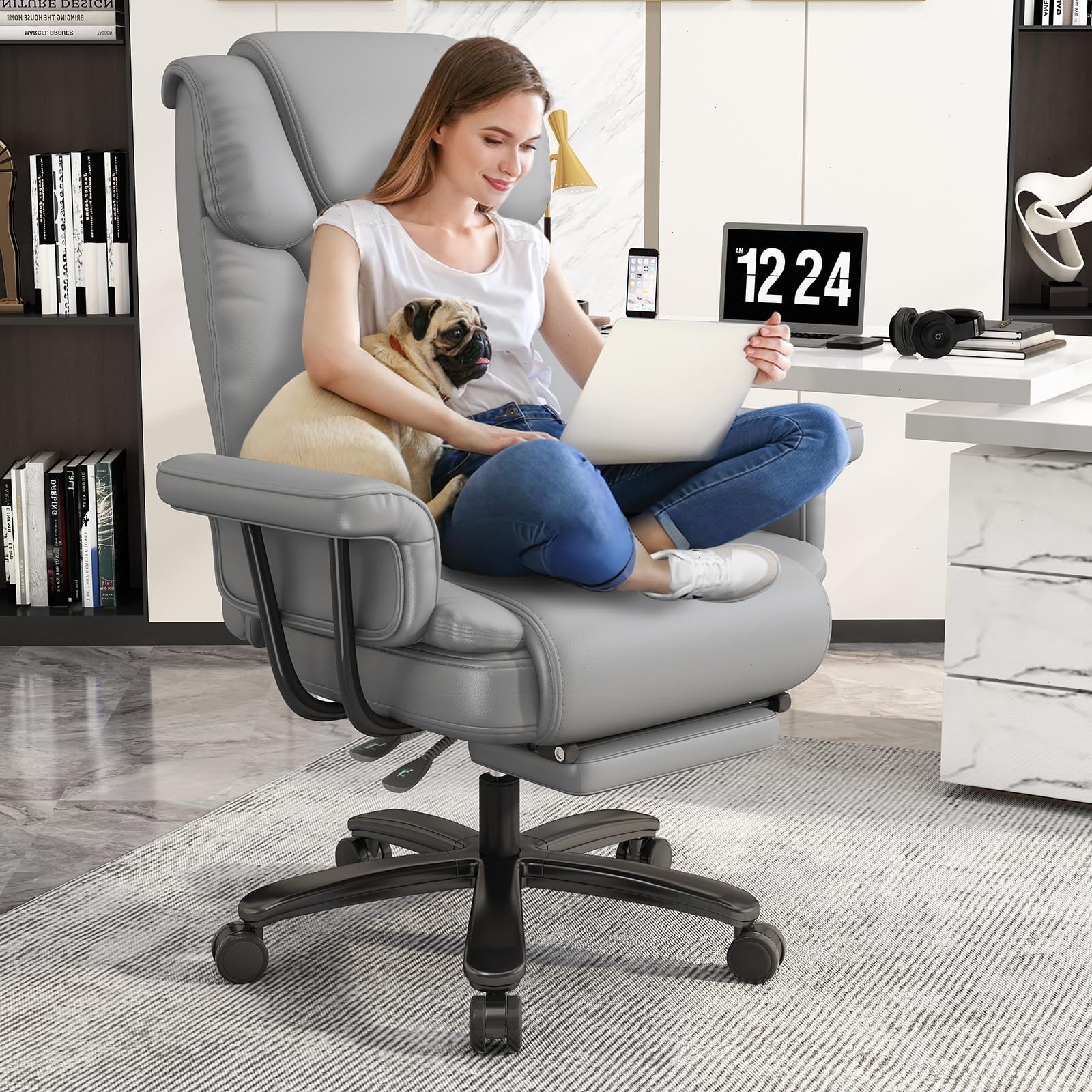 Big and Tall Office Chair 400LBS  Reclining Executive Chair with Footrest Gray