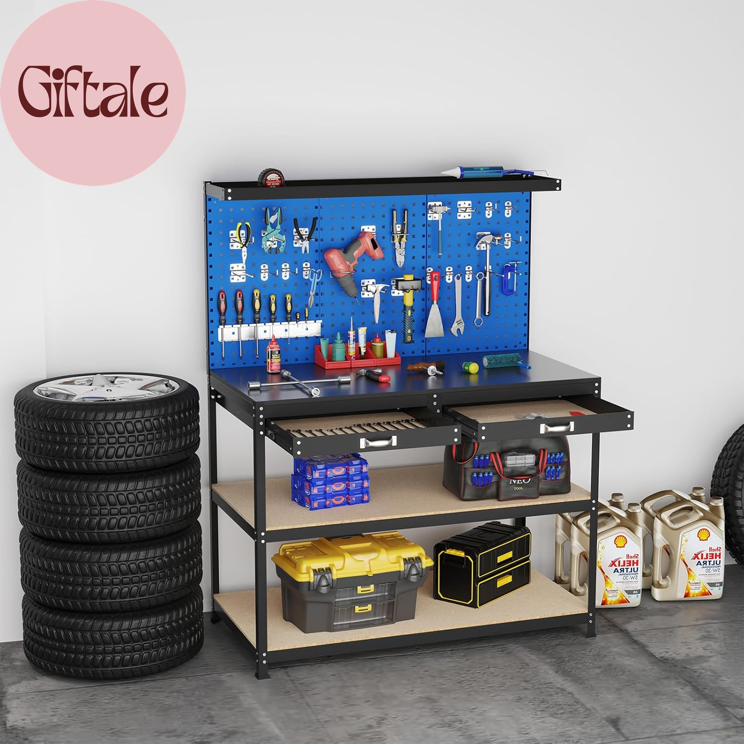 Workbench with Drawers, 48" X 24" Heavy-Duty Work Table with 3 PCS Pegboard & 4