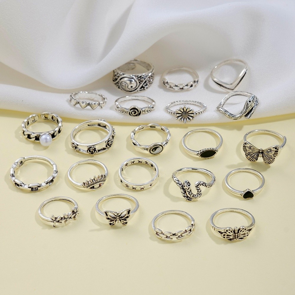 Bohemian Vintage Butterfly Heart Geometric Flower and Snake Eye Rings 21 Pieces