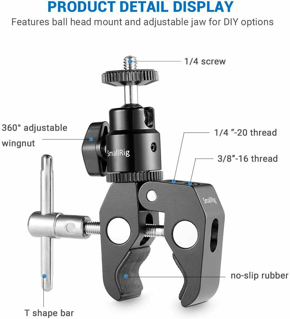 SmallRig Super Clamp Mount Adjustable Camera Mount Clamp w/ 1/4" Screw Ball Head
