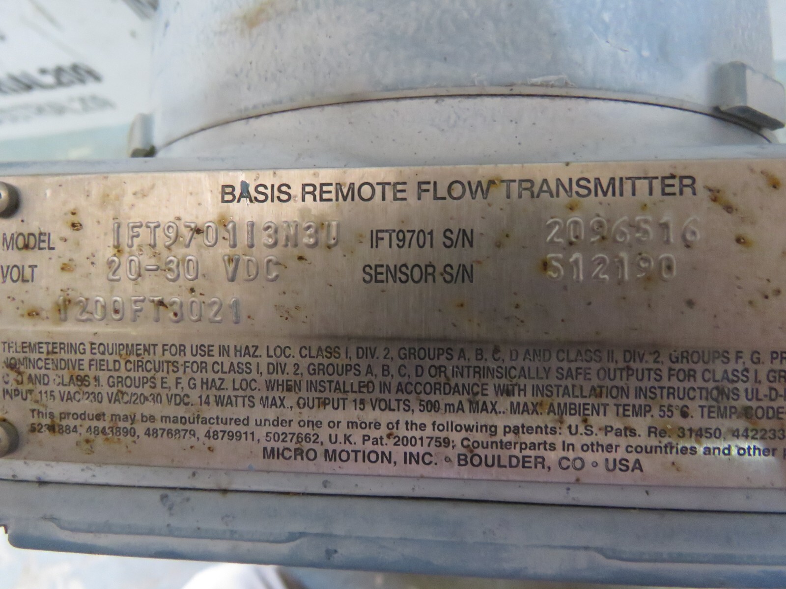 MICRO MOTION MASS FLOW SENSOR F050SI113SU w/ IFT9701I3N3U USED