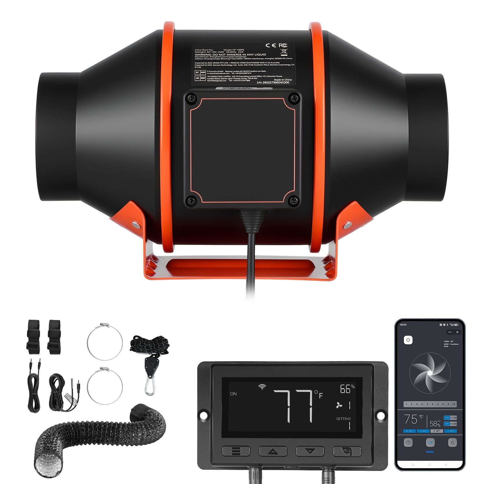 205 CFM 4in EC Motor Inline Duct Fan Kit with App Control for Grow Tents
