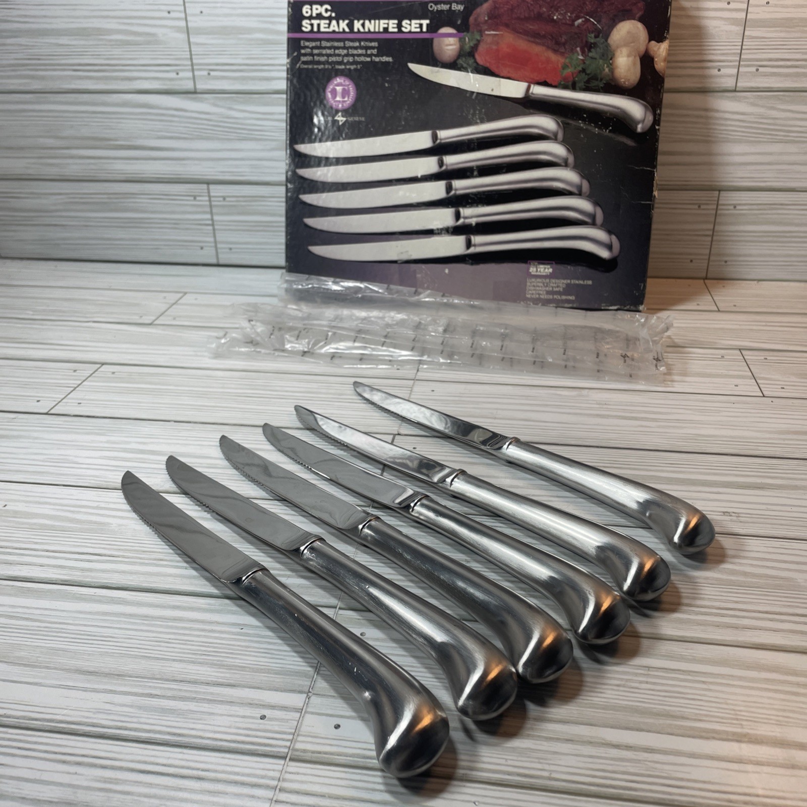Vintage Steak Knife Barclay Geneve Oyster Bay Stainless Steel OBOX 6 Piece Set