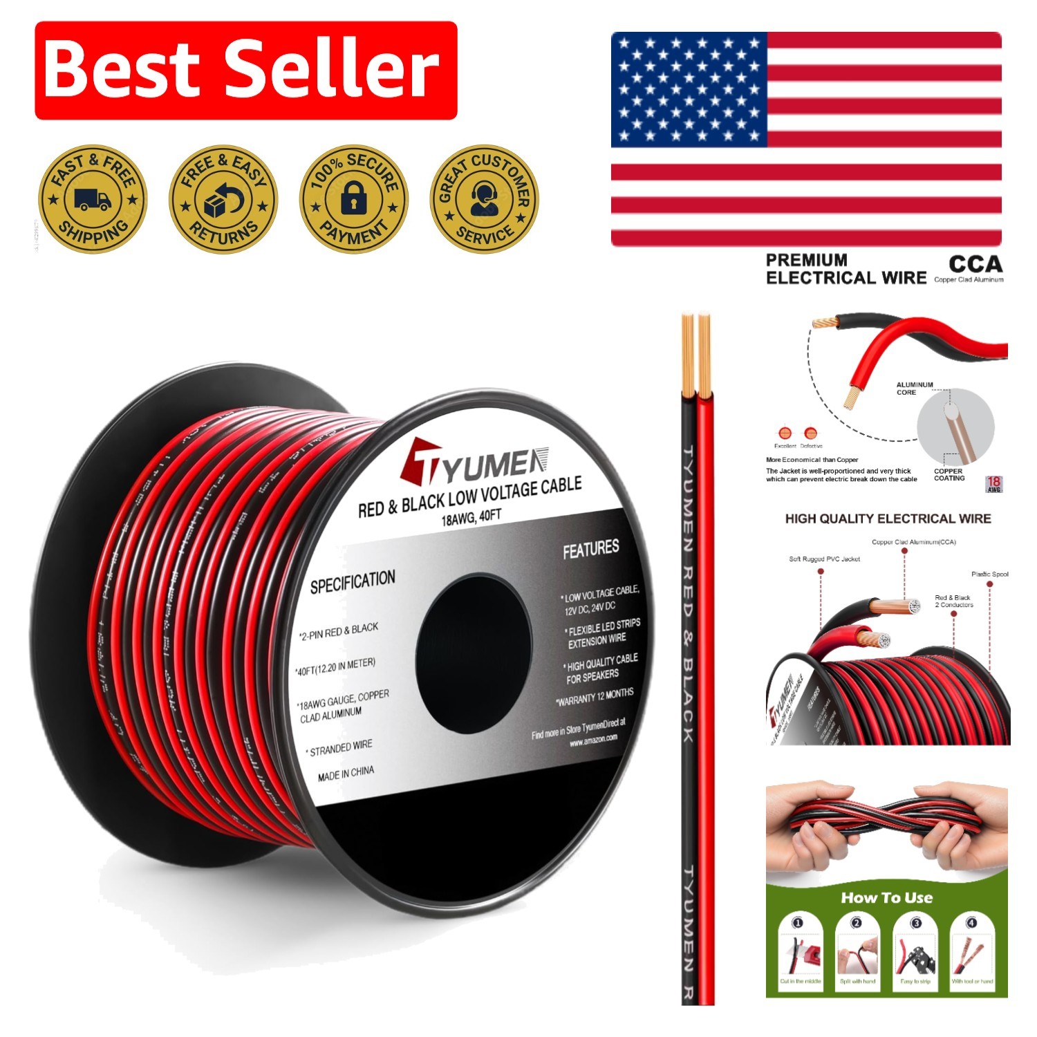 Flexible 40 Feet 18 AWG Extension Wire - Red & Black for LED Lighting Systems