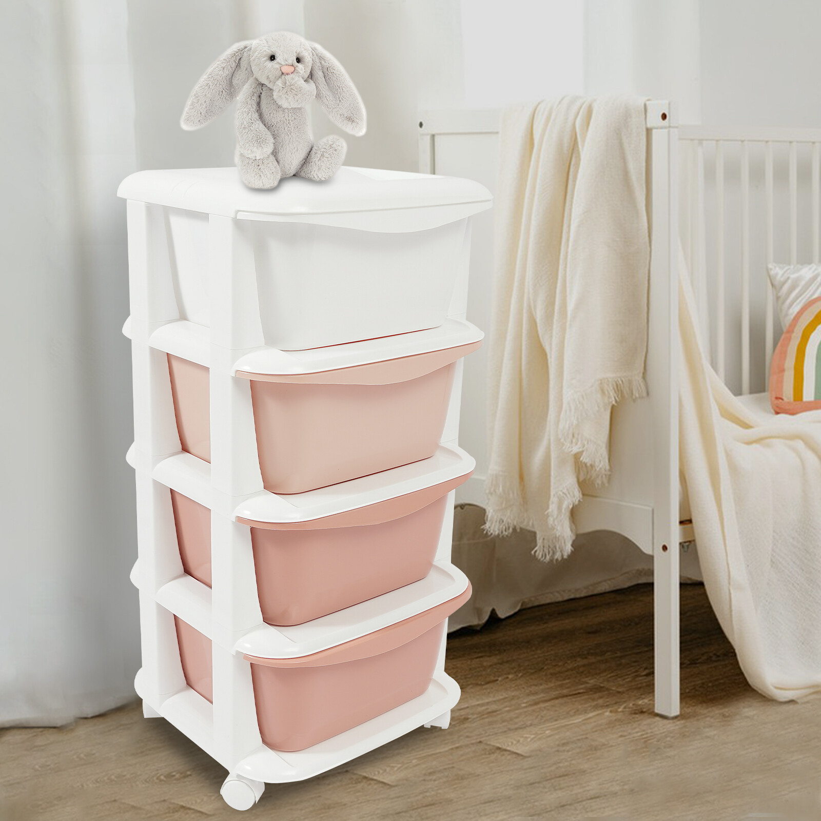 4 Tier Storage Unit Toy Organizer, 4 Drawer Organizer w/ Wheels 36*36*72cm Pink