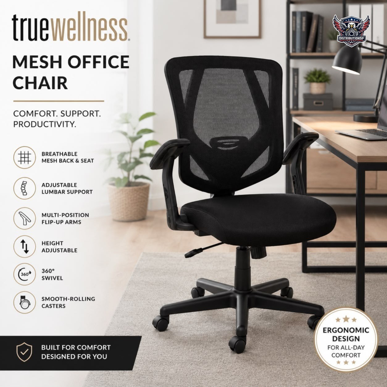 True Wellness Ergonomic Mesh Office Chair Adjustable Lumbar Flip-Up Arms Black