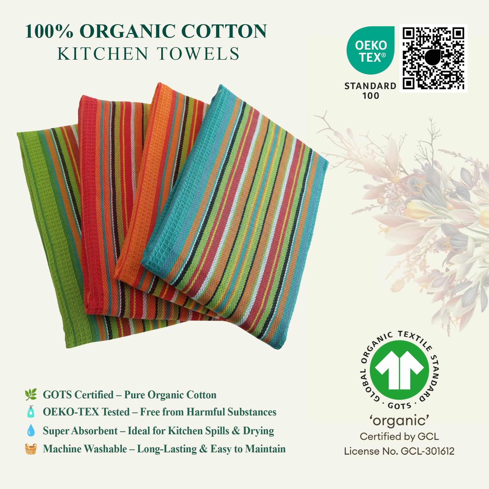 Salsa Stripe Kitchen Dish Towels, 100% Cotton, Highly Absorbent, Multi Purpos...