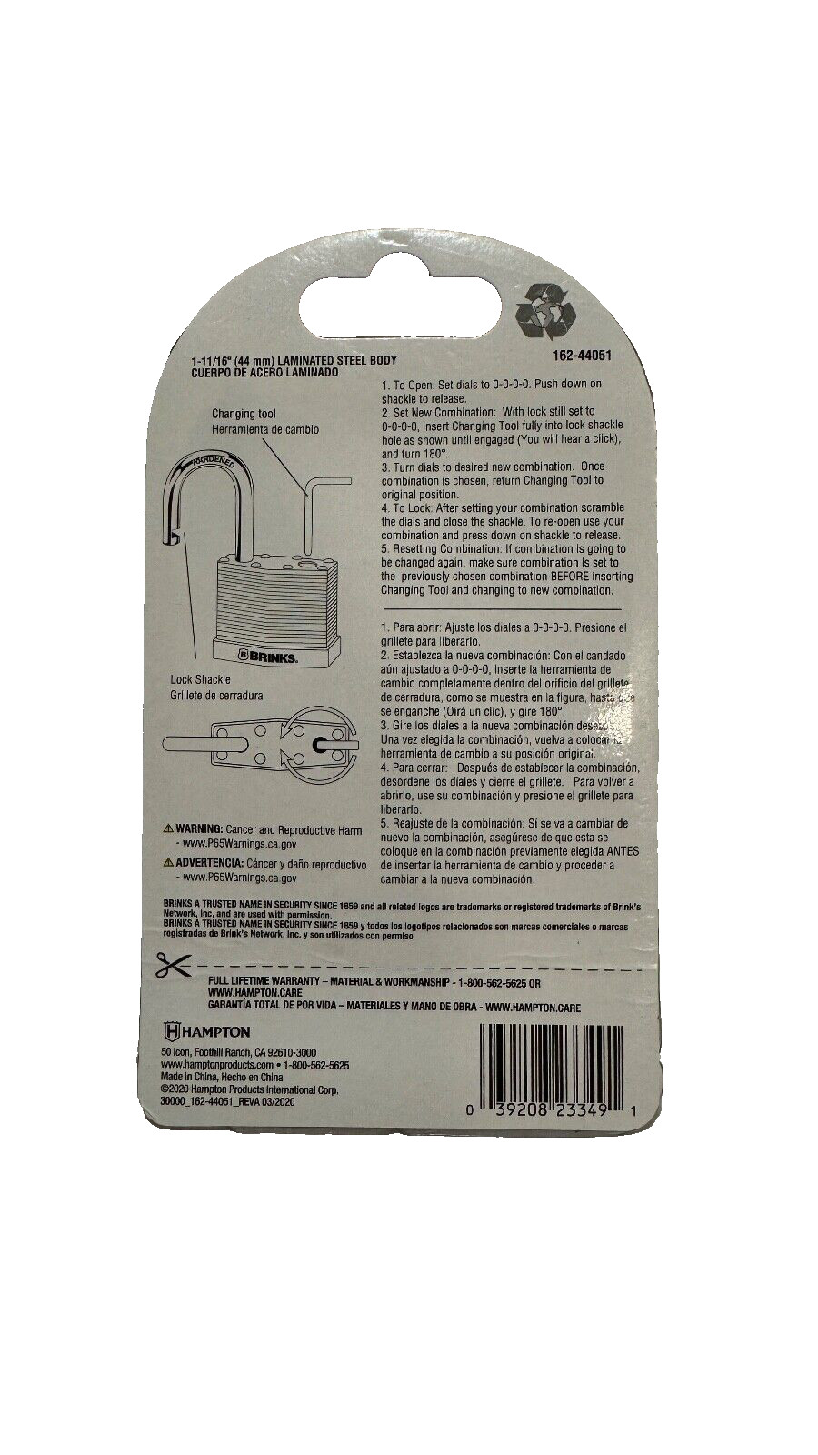 Brinks Resettable Combination Lock 162-44051