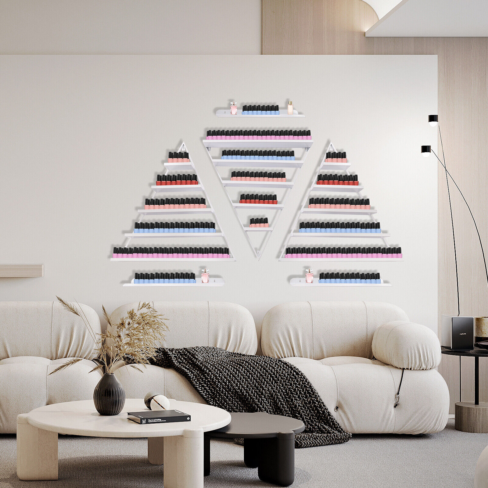 5-Tier Triangle Wall-Mounted Nail Polish Display Rack - 3 Pieces, White