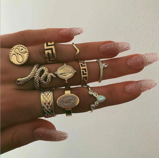 Women's Fashion Jewelry Gold Snake Bohemian Vintage  Ring Set Geometric 66