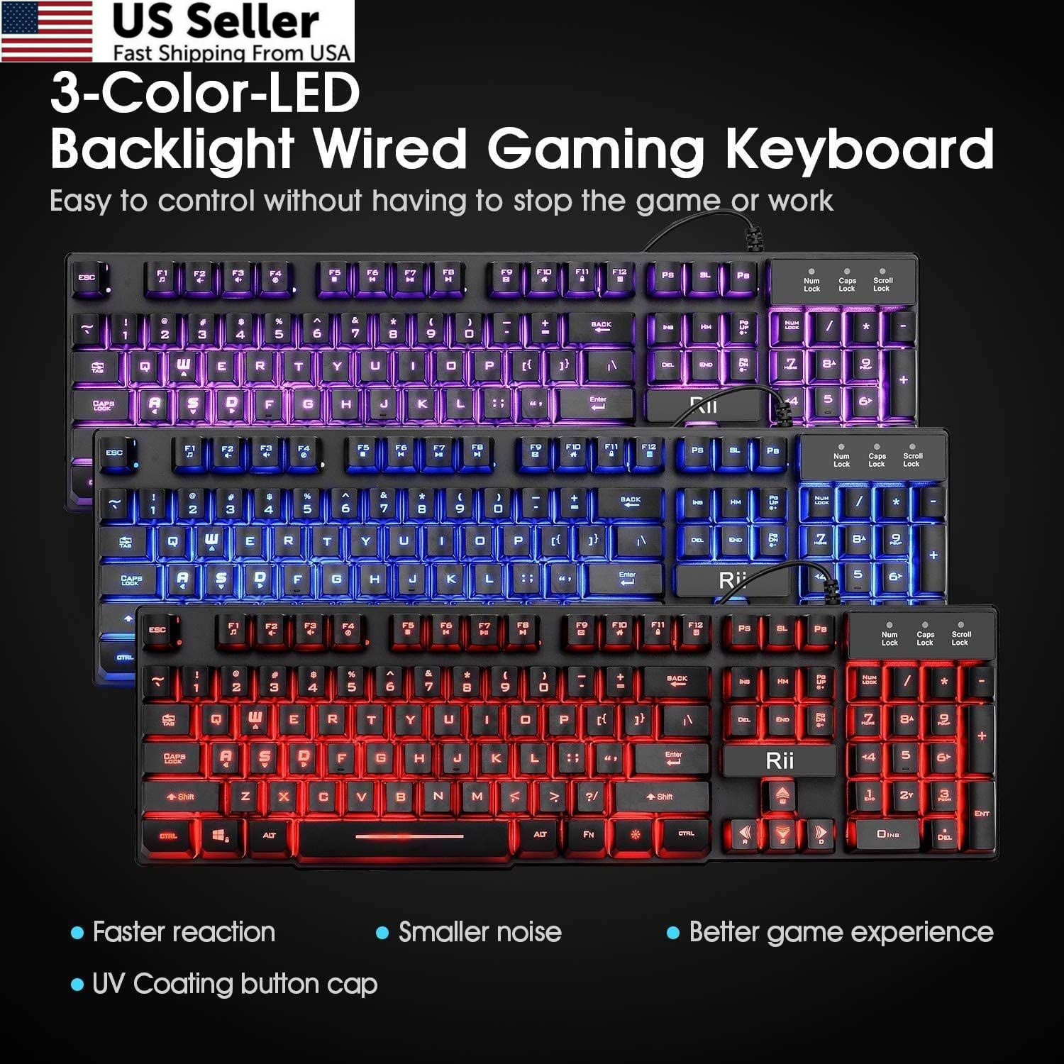 Rii Gaming Keyboard and Mouse Set, 3-LED Backlit Mechanical