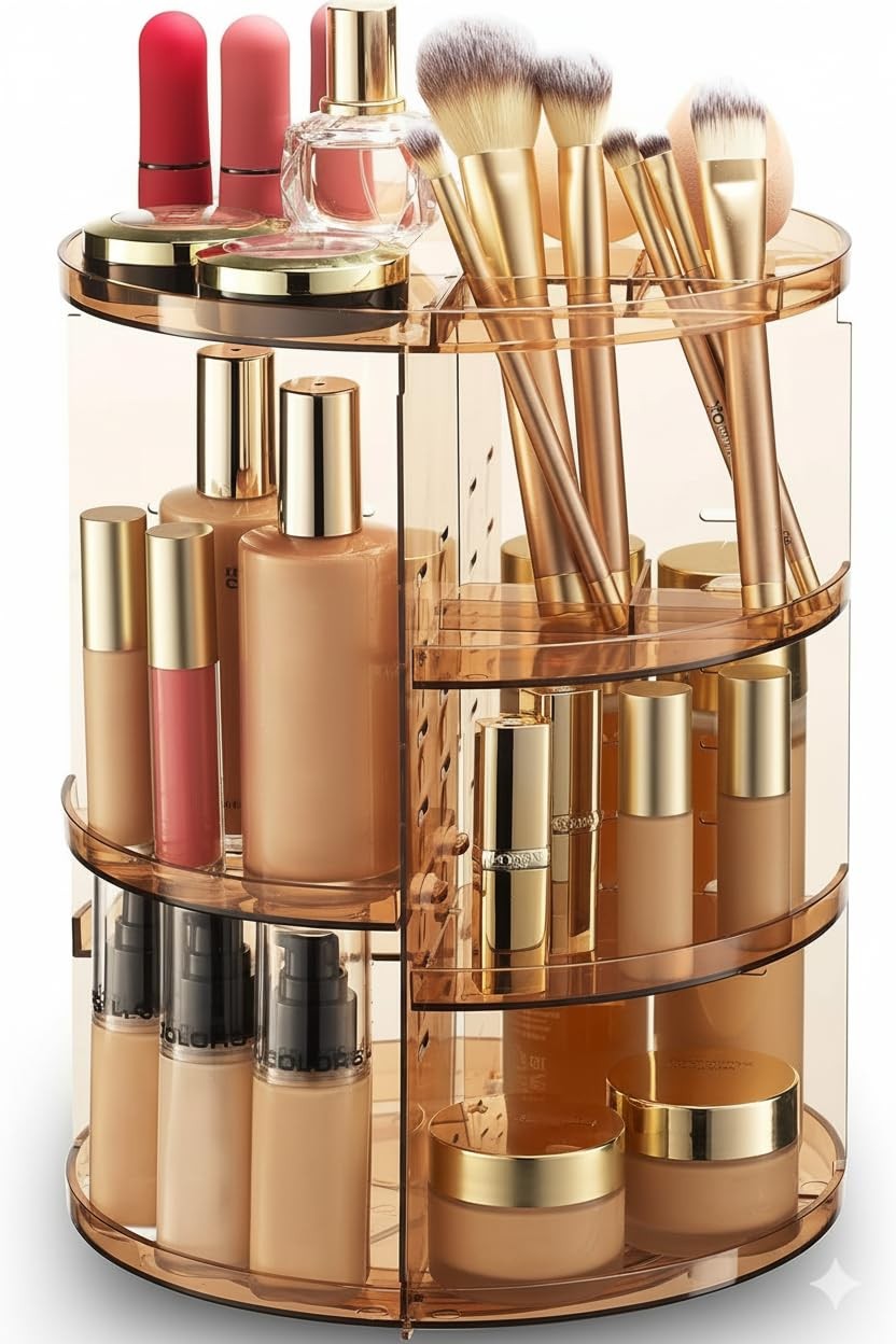 Masirs 360 Rotating Makeup Organizer - Adjustable Shelf Height Tall, Brown