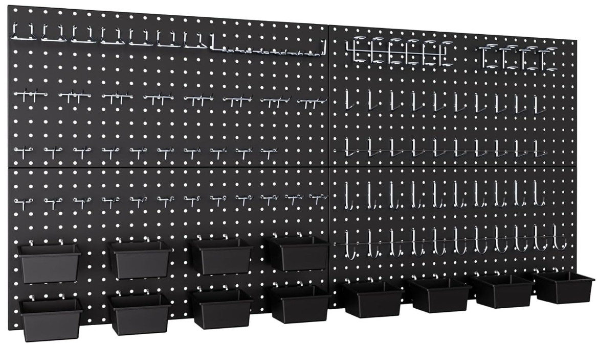 158PCS Metal Pegboard Organizer Kit, 48x24in Black Panels with Hooks & Bins
