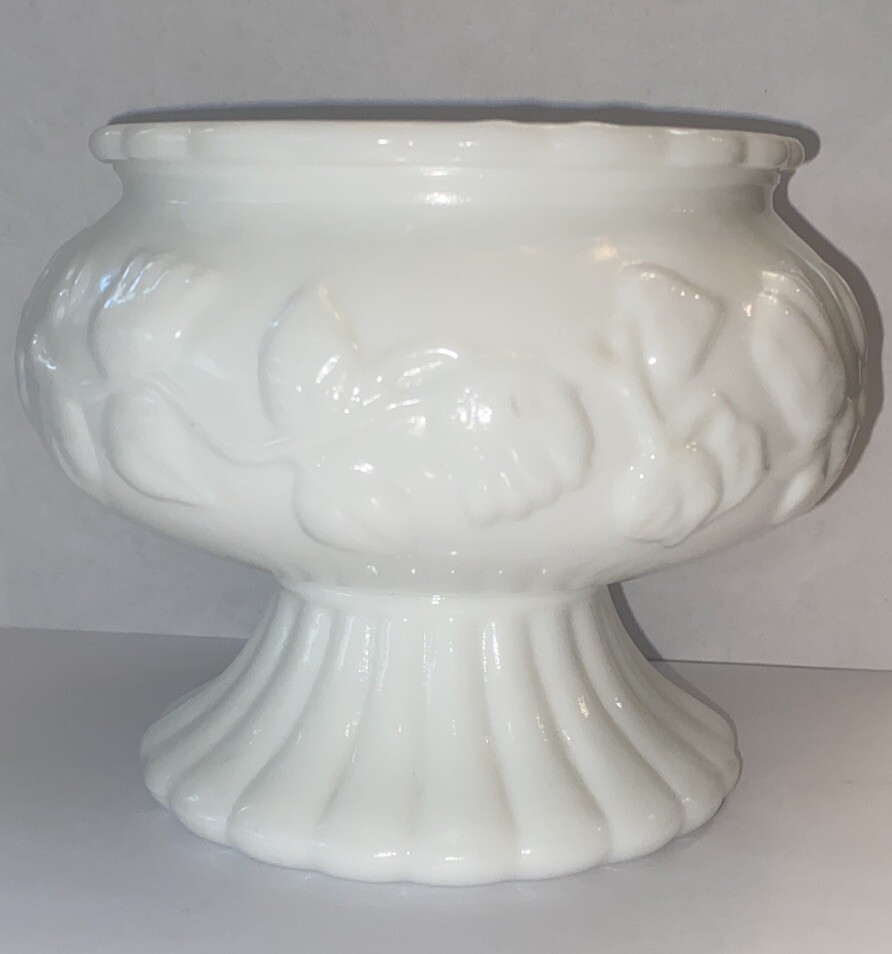 Vtg 1960s Anchor Hocking Milk Glass Ivy Rose Floral Pedestal Bowl Planter Vase