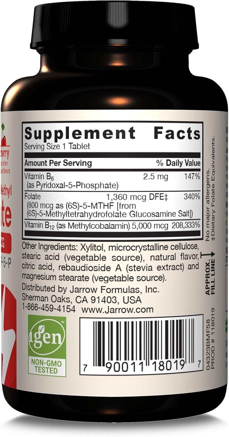 Jarrow Formulas Ultra Strength Methyl B-12 5000 mcg & Methyl Folate 800 mcg + P-