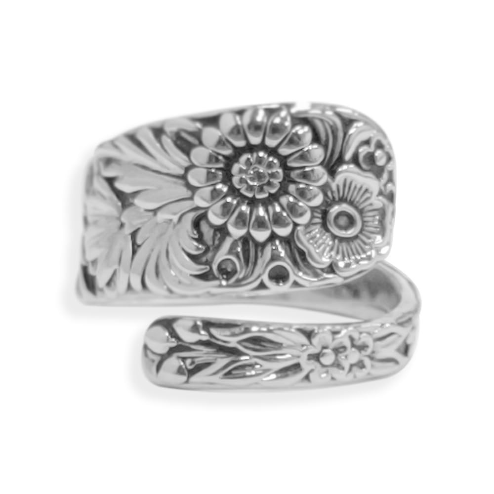 Retro Sunflower Spoon Rings for Women Adjustable (fits sizes 6-10), Silver