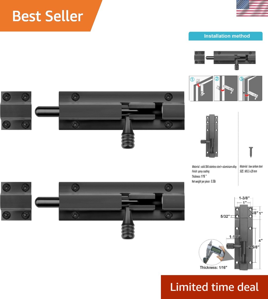 Durable 5" Black Aluminum Slide Bolt Latch - 2 Pack with Easy Installation