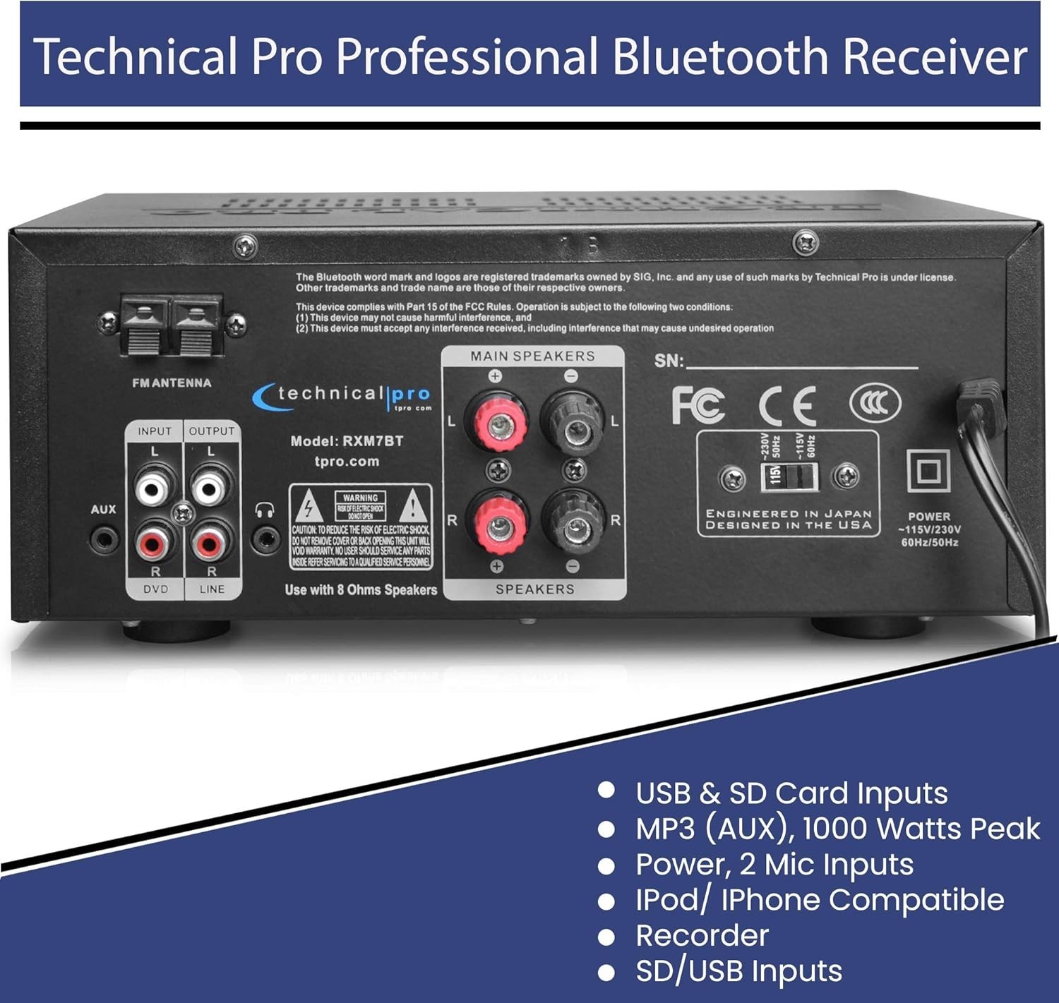 1000W Home Receiver Amp w/ Bluetooth, USB, SD, FM//