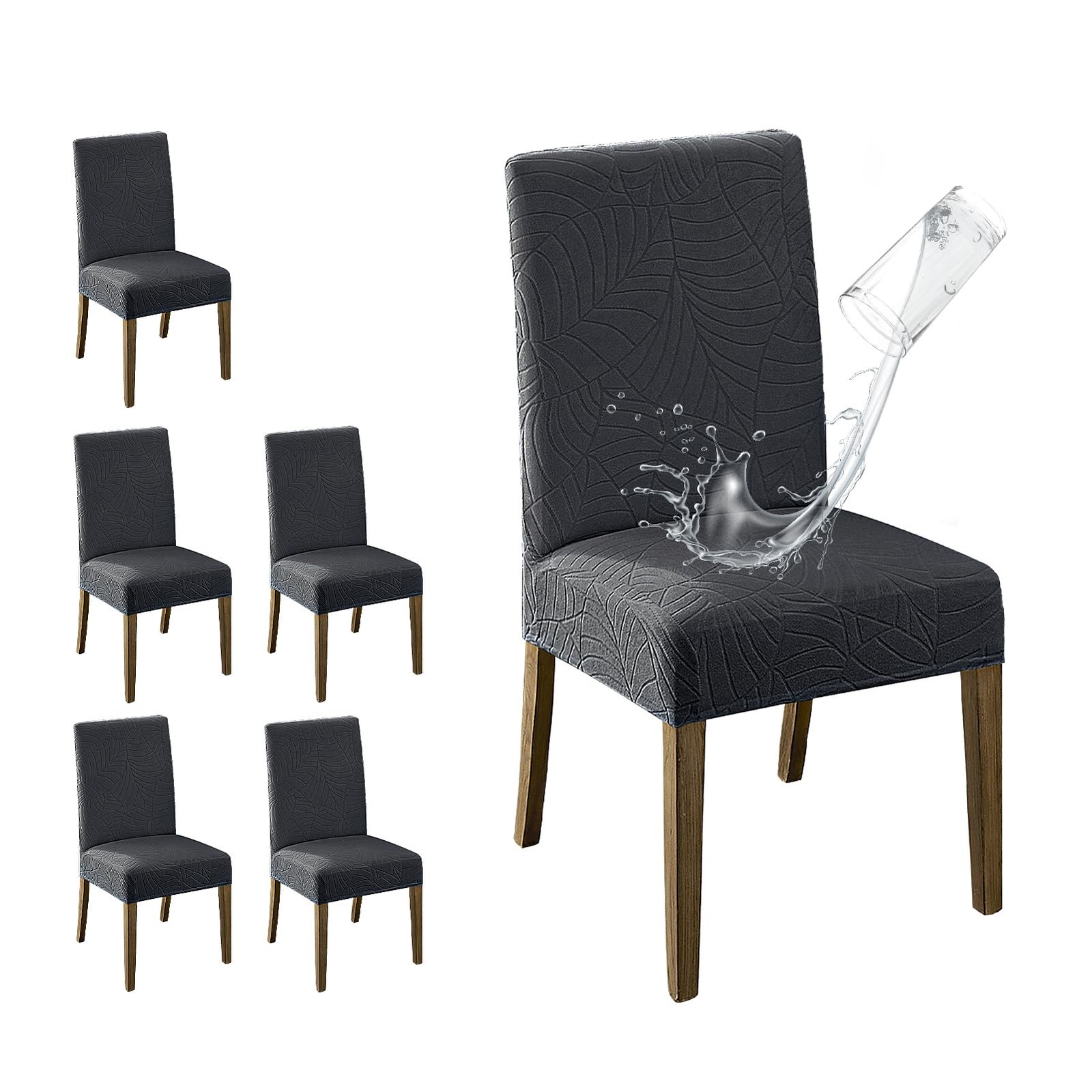 MOSAYT 100% Waterproof Dining Room Chair Covers L - 6 Pack, Leaf-dark Grey