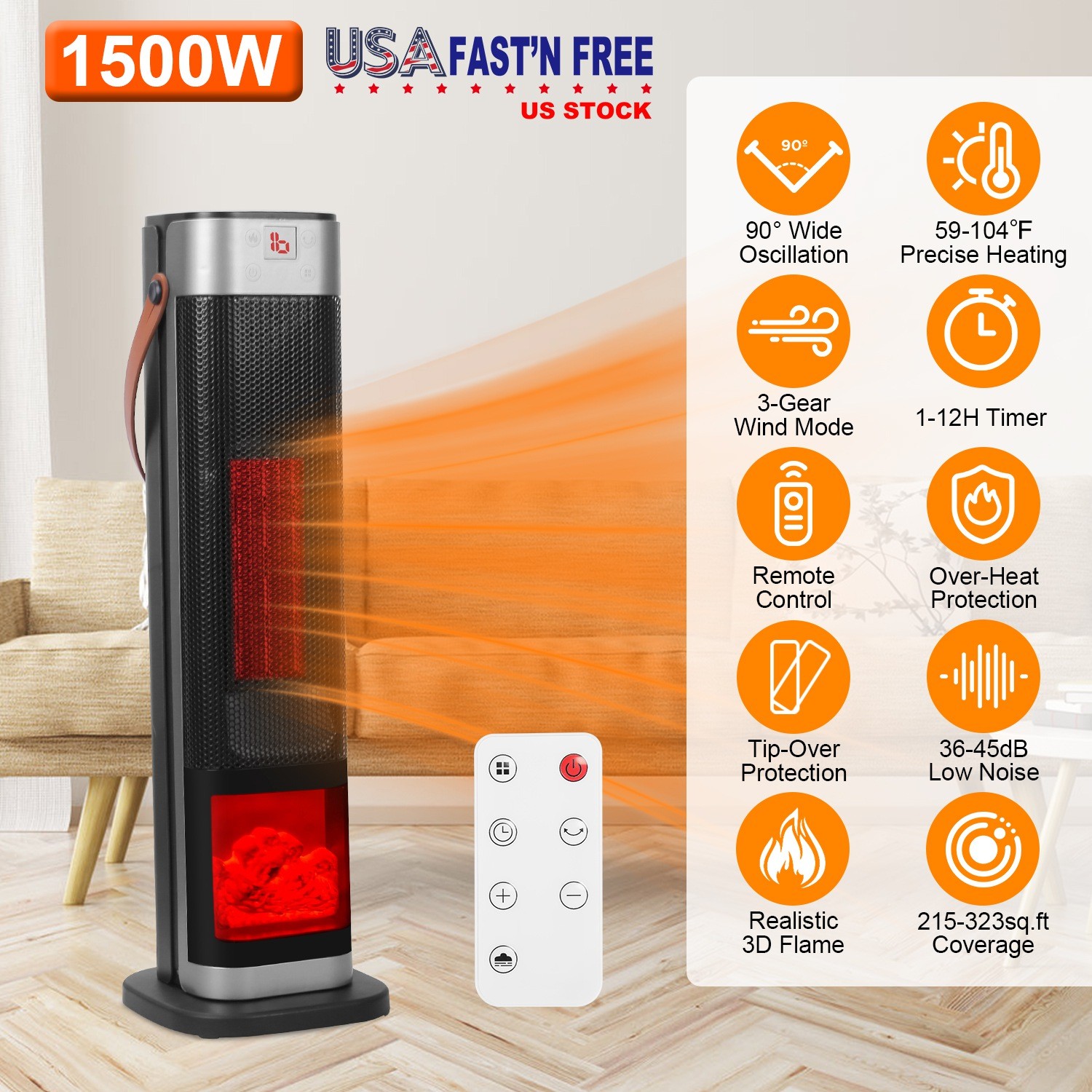 Space Heater 90°Oscillating 1500W Electric Ceramic Tower Heater w/Remote Control