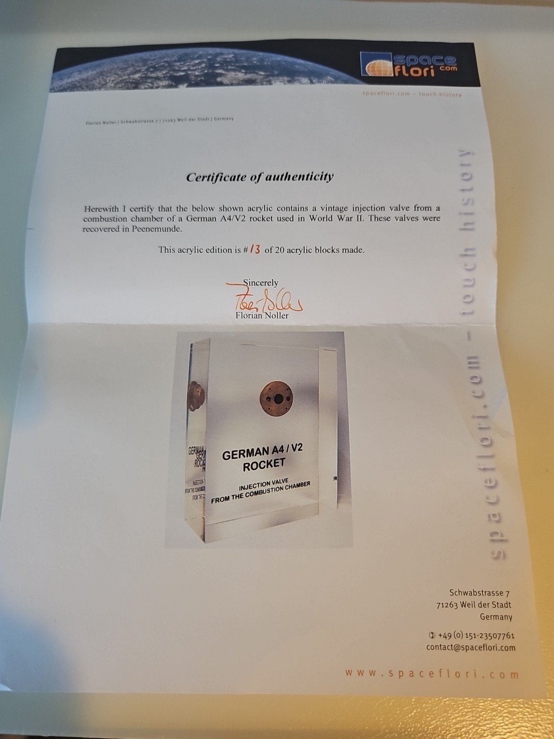 German A4/V2 Rocket Injection Valve From Combustion Chamber Fragment Certificate