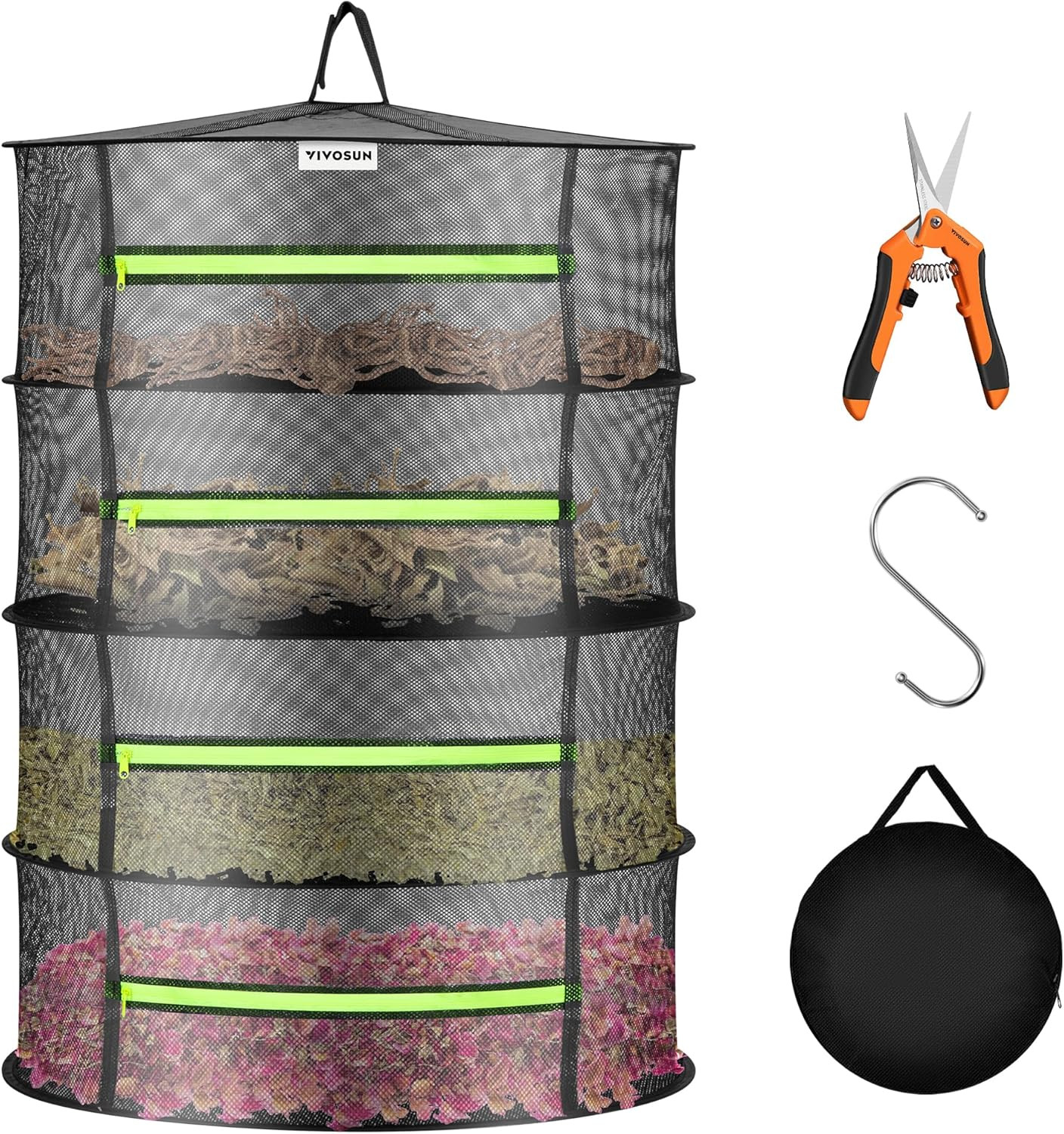 VIVOSUN 4-Layer Mesh Drying Rack Hanging Design with Green Zippers for Dehydrati