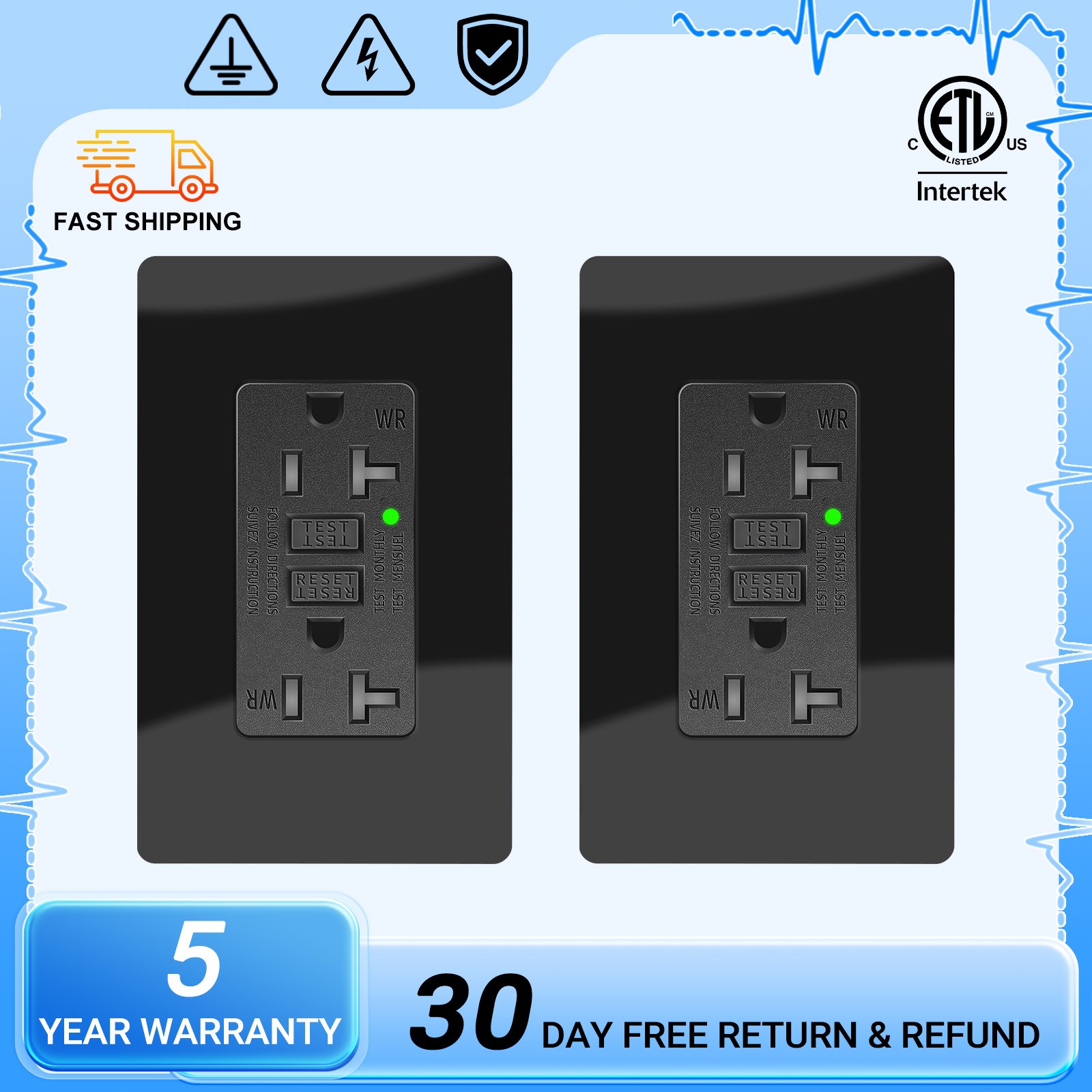 2Pack 20amp GFCI Outlet Weather Resistant TR US Wall Receptacle socket Black NEW