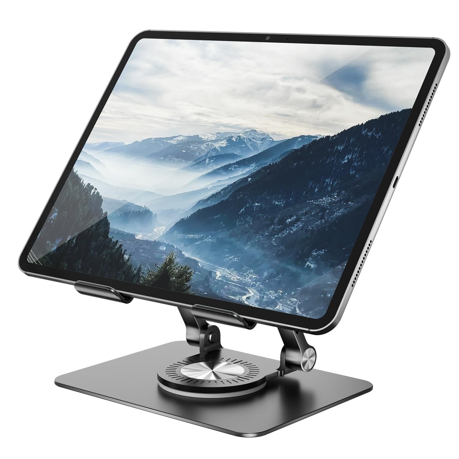 Tablet Stand Holder with 360° Rotating Base Dual Rod Aluminum Adjustable Tabl...