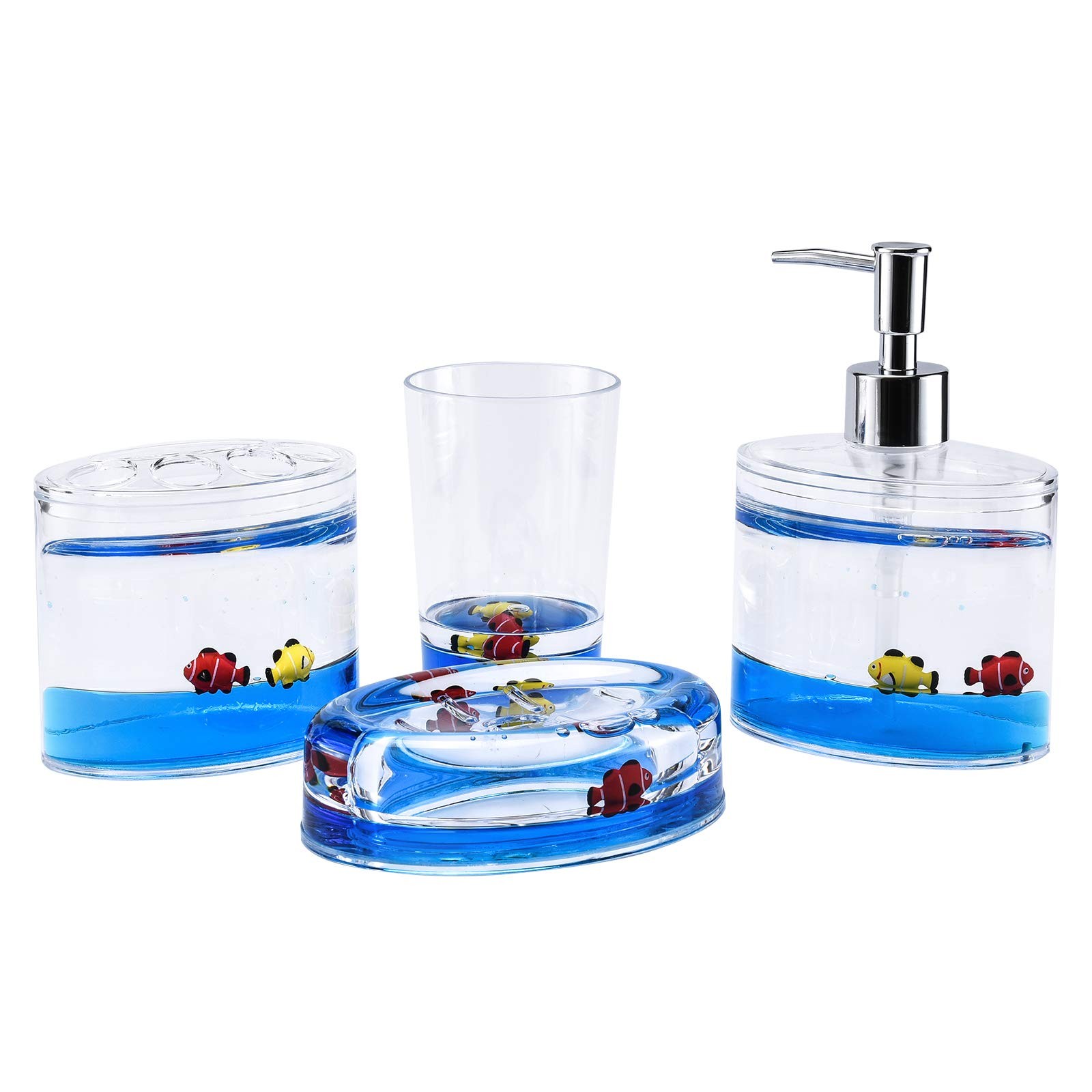 4 Piece Acrylic Liquid 4D Floating Motion Bathroom Vanity Accessory Set Ocean...