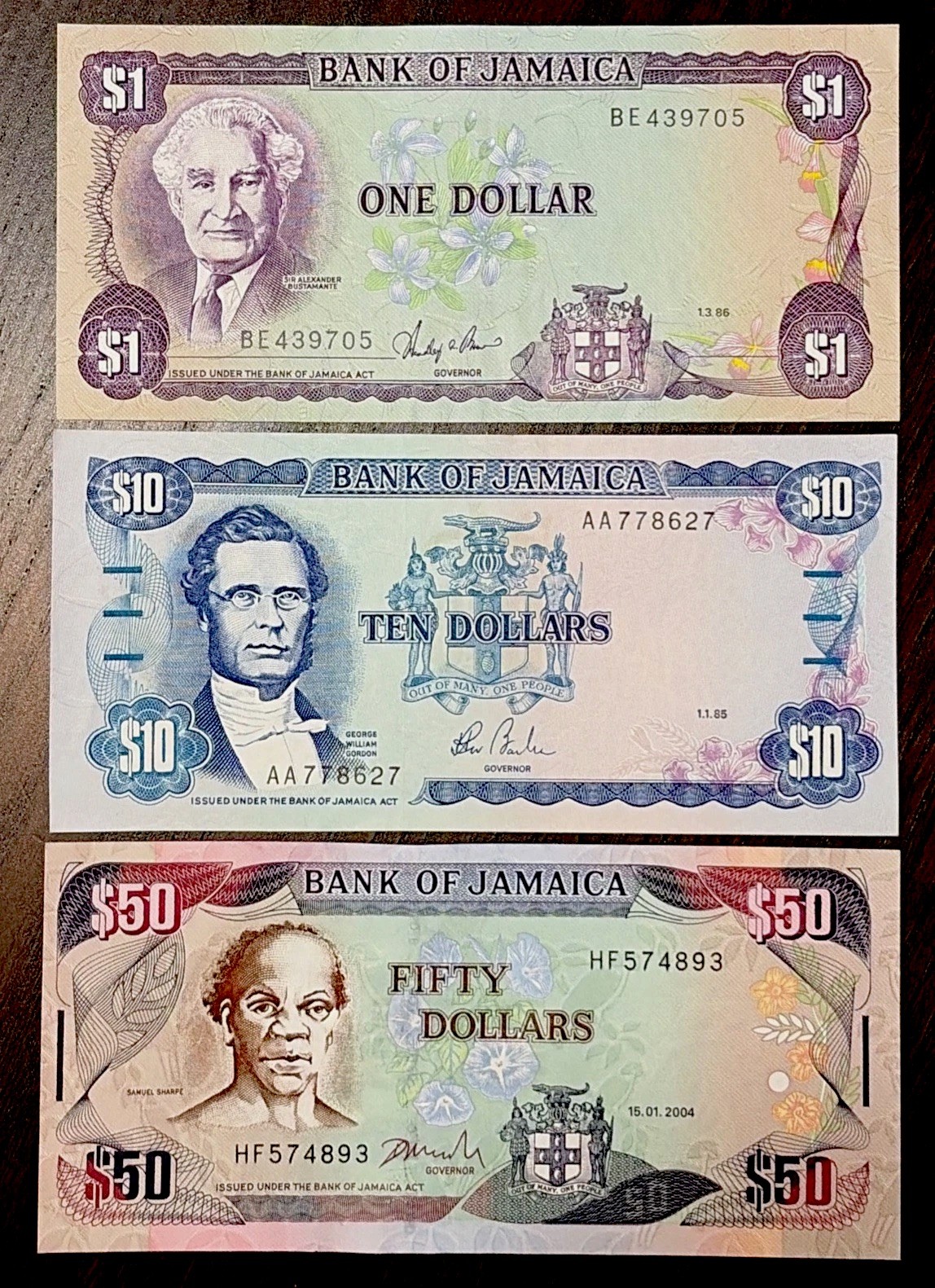 JAMAICA 1986 $1 & 1985 $10 & 2004 $50 Bank Of Jamaica UNC & UNC LIKE 3 Banknotes
