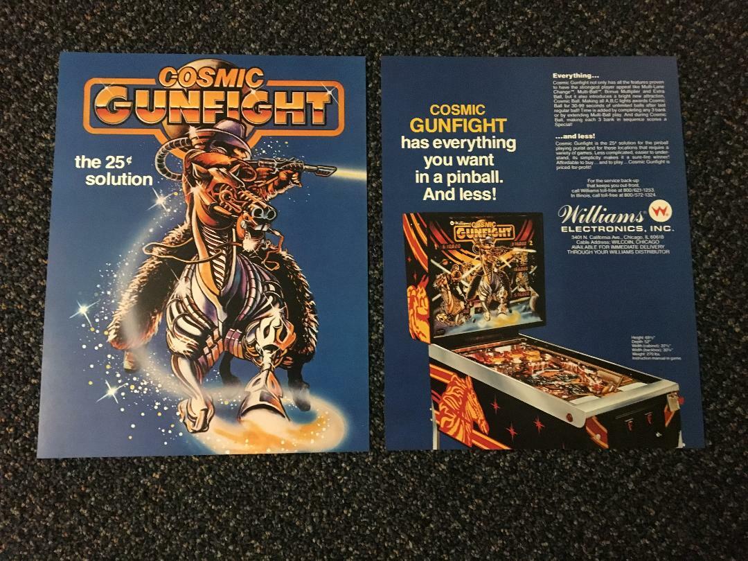 TWO 1982 WILLIAMS COSMIC GUNFIGHT RARE PINBALL  FACTORY ORIGINAL FLYERS NOS