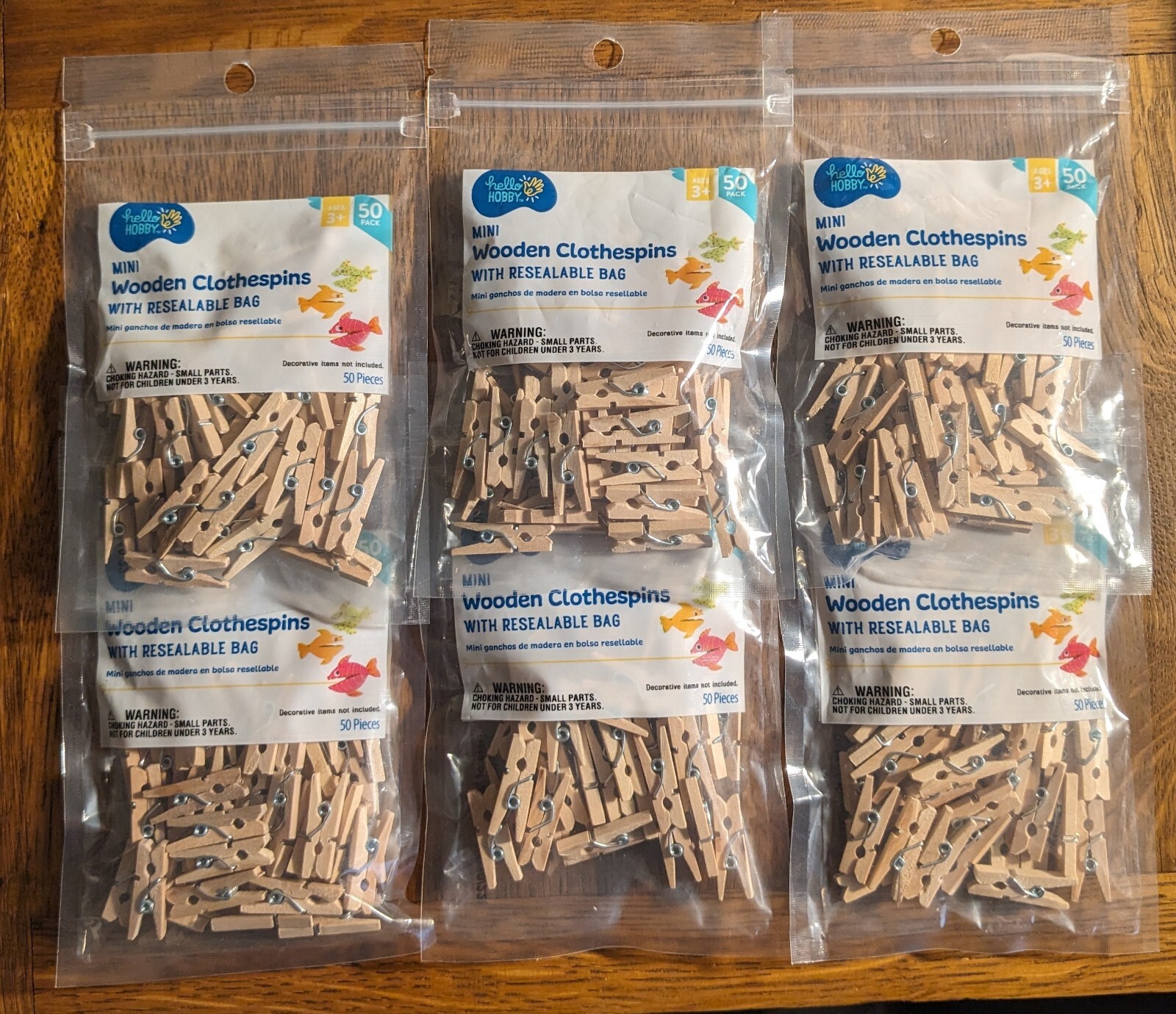 *Lot of 6* Hello Hobby Mini Clothespins 50 Small Wooden Clothes Pins Per Pack