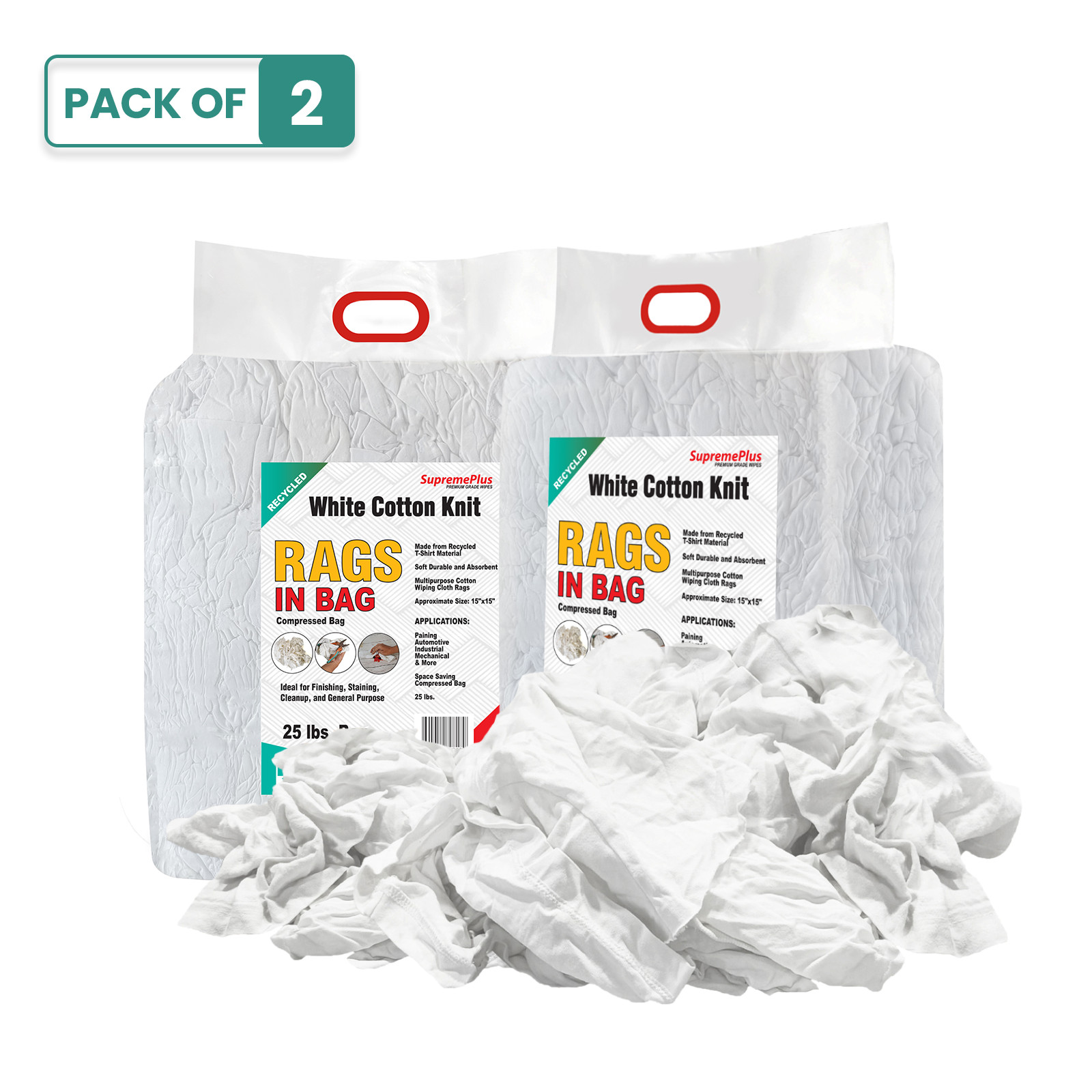 Recycled White Knit T-Shirt Cotton Cleaning Rags - 50 lbs. Case 2 x 25 lbs. Bags