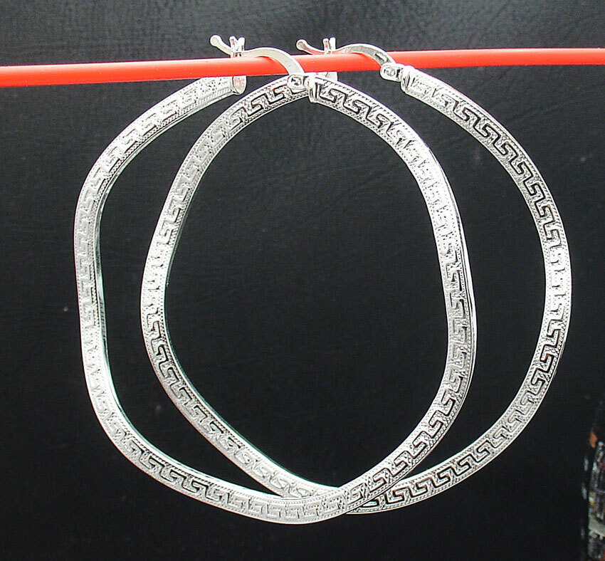 2 1/4" Large Wavy Reversible Round Greek Key Hoop Earrings Real Sterling Silver