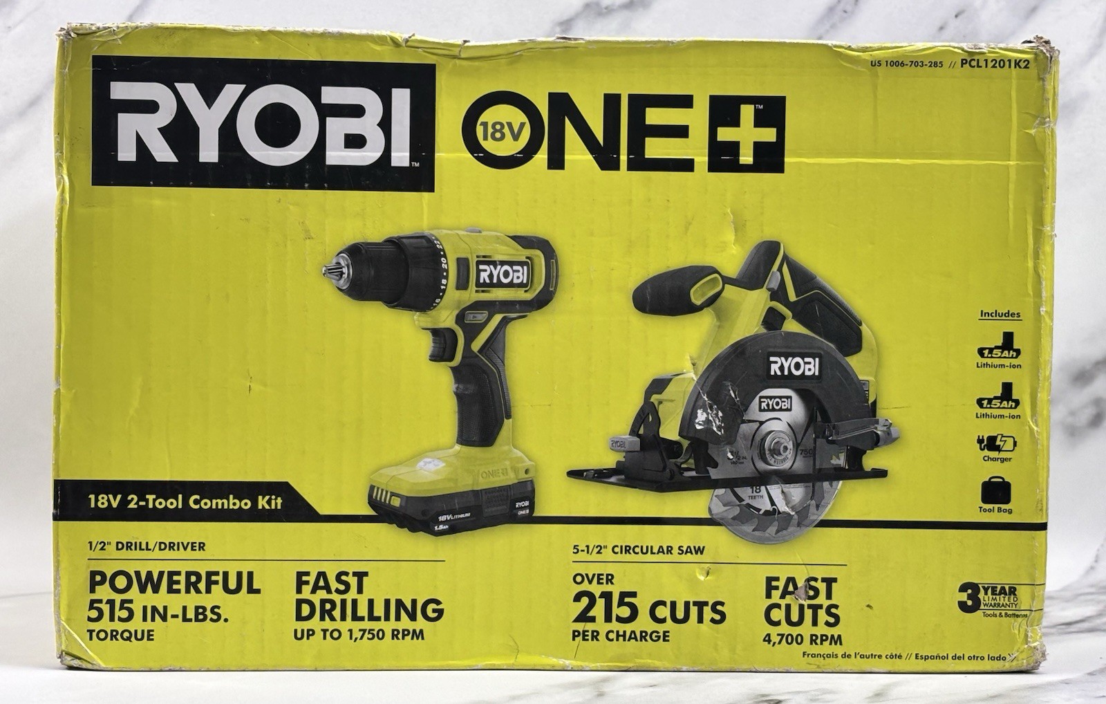 Ryobi ONE+ 18V 2 Tool Combo Kit Drill & Circular Saw PCL1201K2 - 2 Batteries