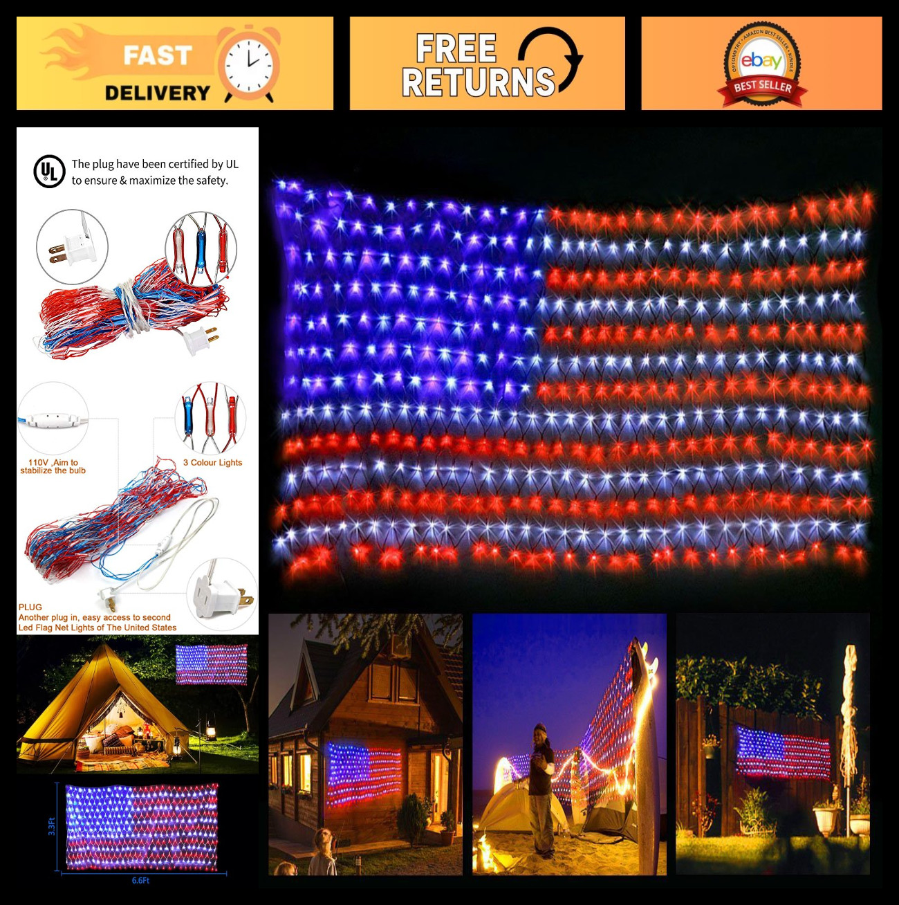 420 LED American Flag Net Lights - 4th of July Outdoor Decorations, Memorial Day