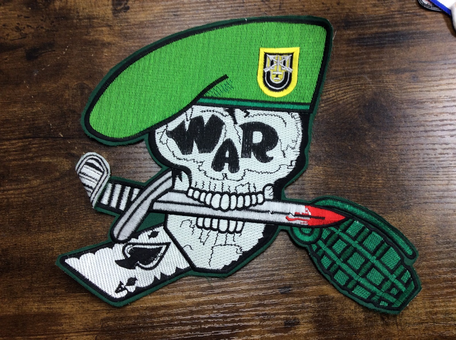 GREEN BERET SKULL SEW-ON EMBROIDERED PATCH 10 X 11"