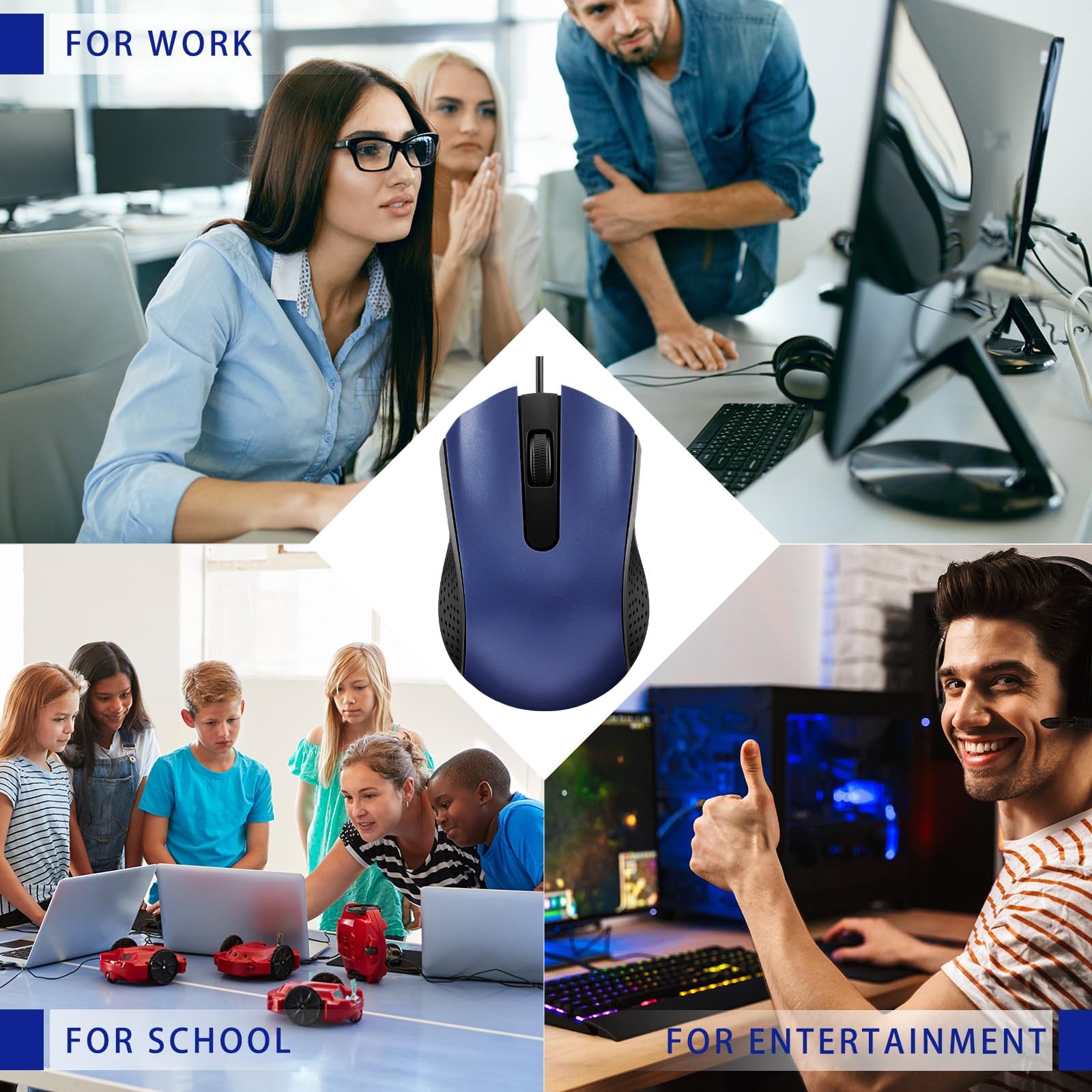 Wired USB Computer Mouse Bulk 6 PCS 3 Button Corded Mice for Laptop Blue