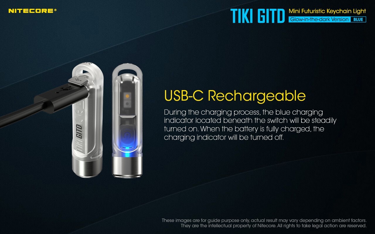 NITECORE TIKI GITD 300 Lumen USB-Keychain Flashlight UV/High CRI LED + USB Cable