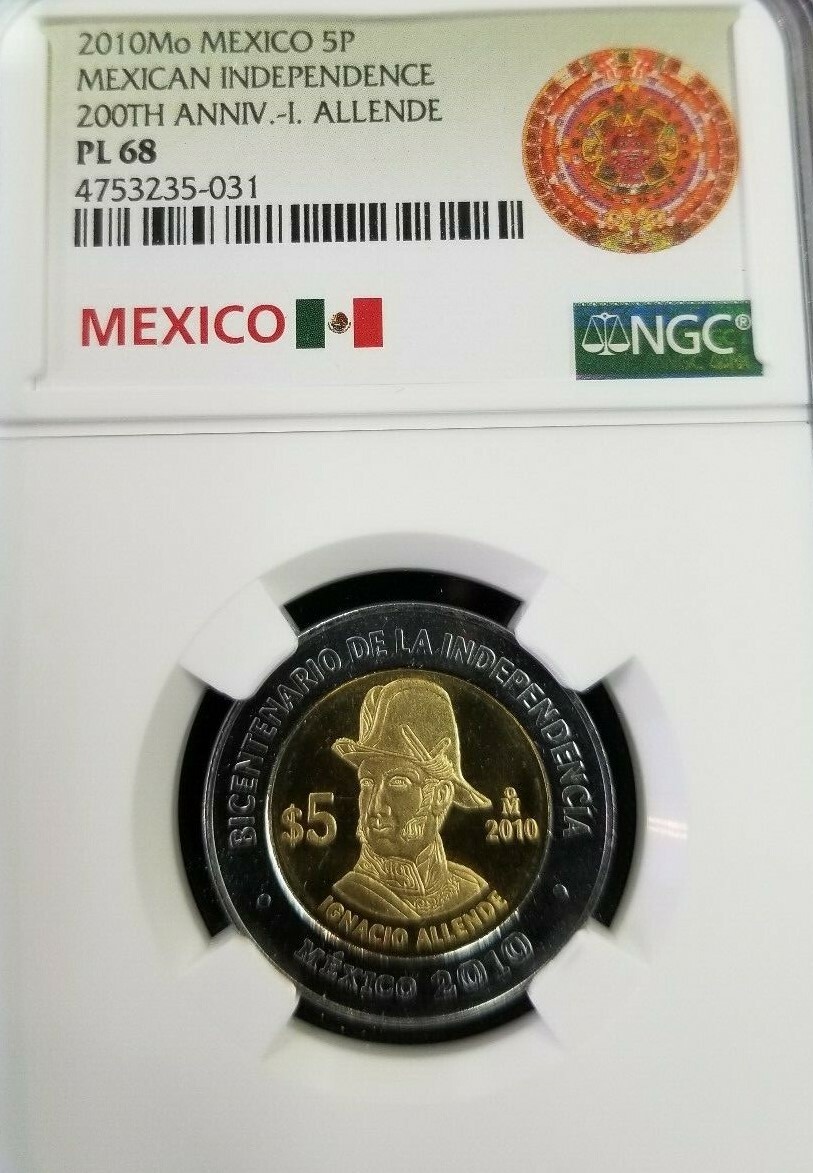 2010 MEXICO 5 PESOS 5P MEXICAN INDEPENDENCE IGNACIO ALLENDE NGC PL 68 TOP POP
