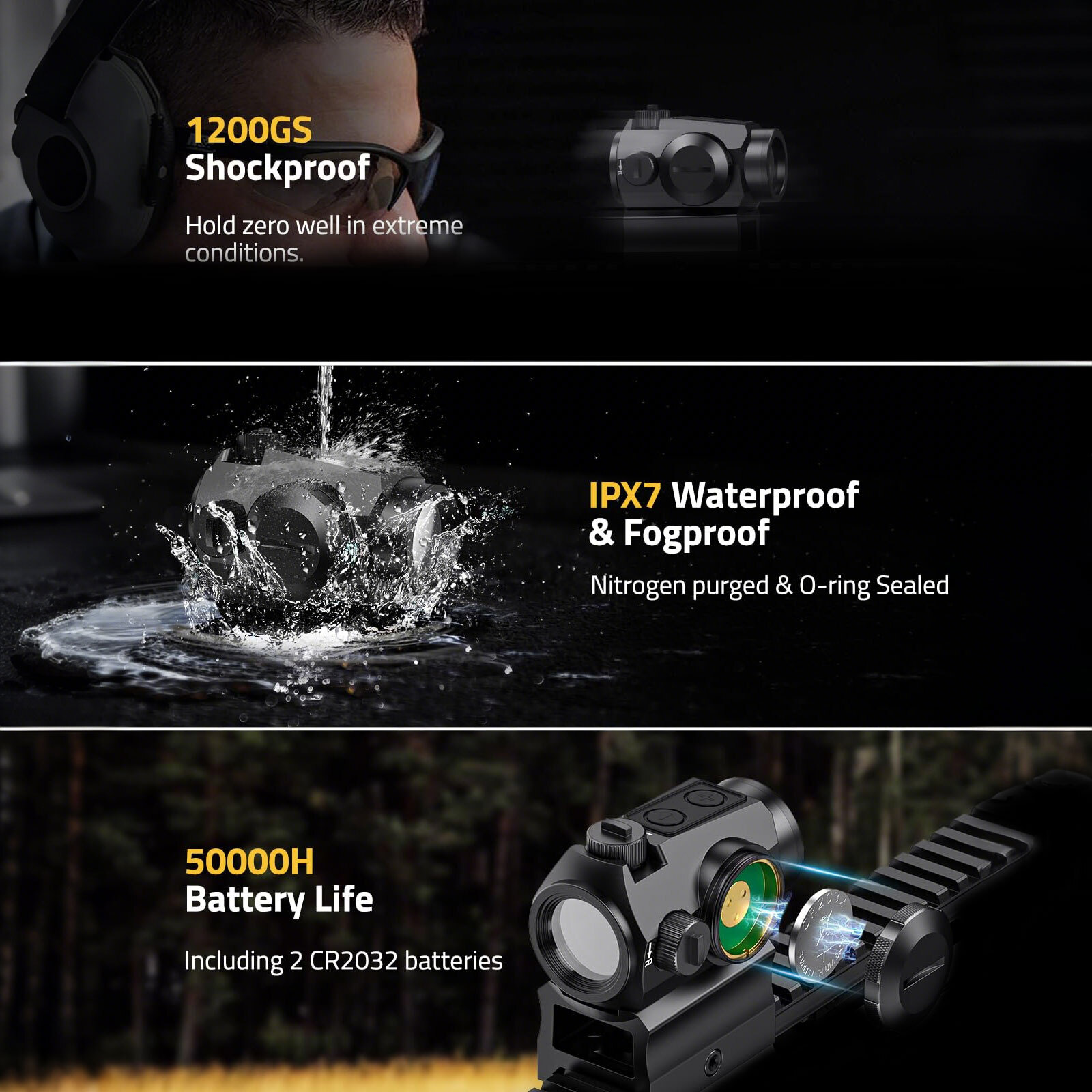 Multiple Reticle RefIex Green Dot Sight - 5,0000H Battery Life - Riser/Low Mount