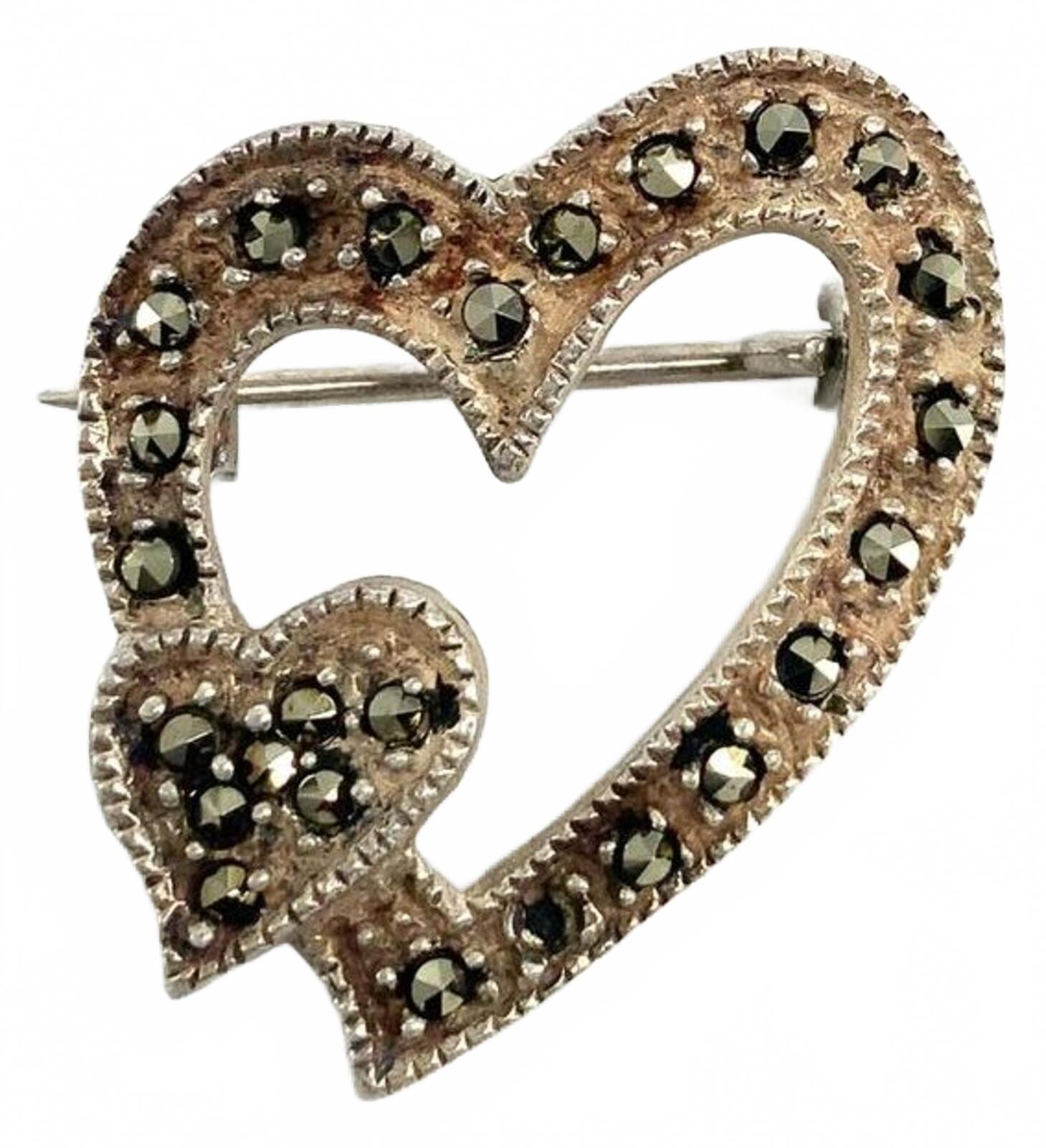 Vintage Sterling Silver Marcasite Double Heart Brooch Pin Dark Gray Romantic