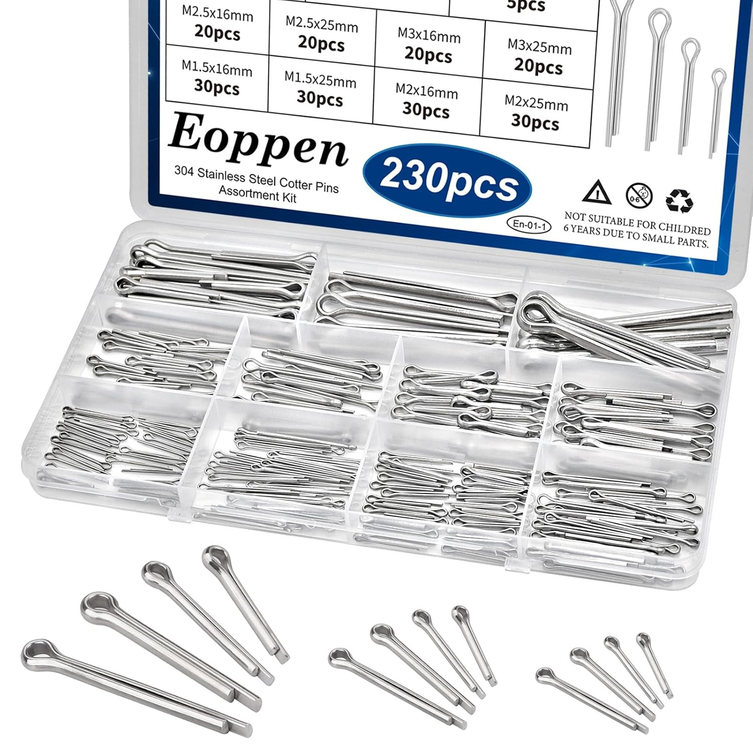 230Pcs Cotter Pin Assortment Kit - 304 Stainless Steel 12 Sizes Cotter Pin Set f