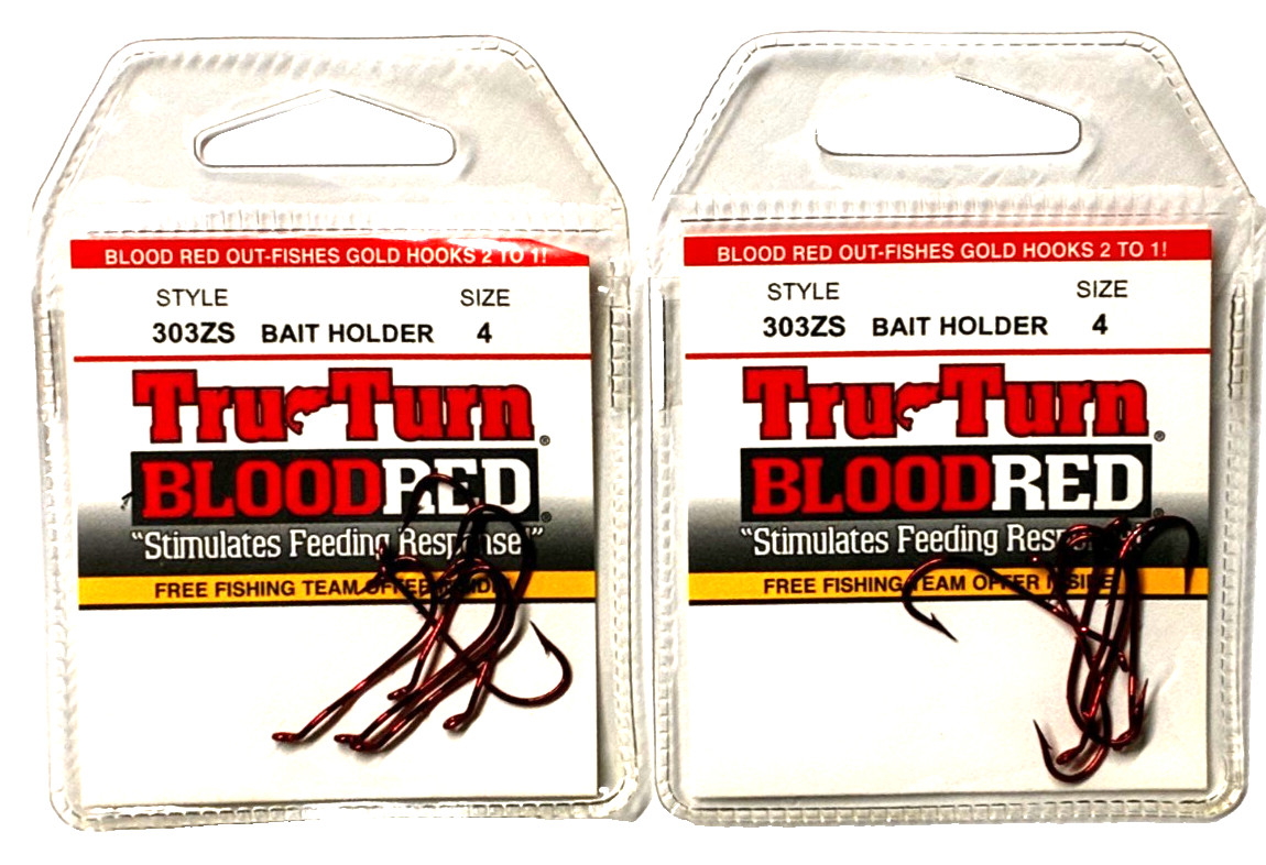 2 PACKS Tru Turn Blood Red Size 4 Bait Holder Hook 6 Count Package 303ZS